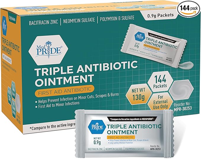 MED PRIDE Triple Antibiotic Ointment Packets Bulk 144 X 0.9g, Individual Antibiotic Ointment Packets for Burns, Cuts, Wound Care