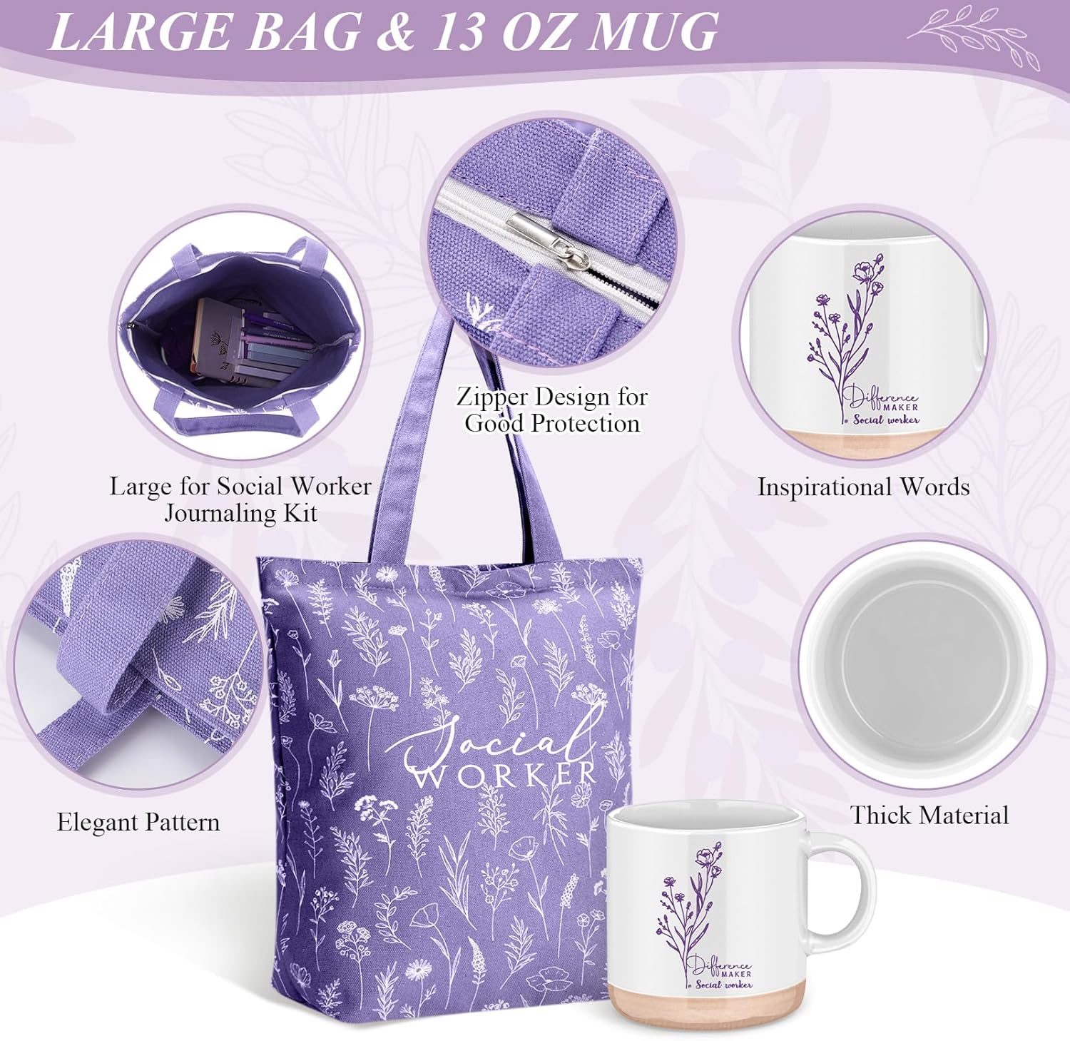 15 Pcs Social Worker Appreciation Gifts Set Notebook Coffee Mug Floral Bag Ballpoint Pens Sticky Notes for Women Social Worker MSW DSW Lcsw Volunteer Coworker Office Supplies(Purple) - Image 3