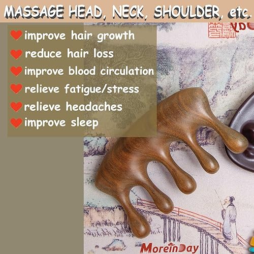 Vista 21 de Peine masajeador de cuero cabelludo de madera, peine de sándalo verde para el crecimiento del cabello, Gua Sha para mujeres y hombres
