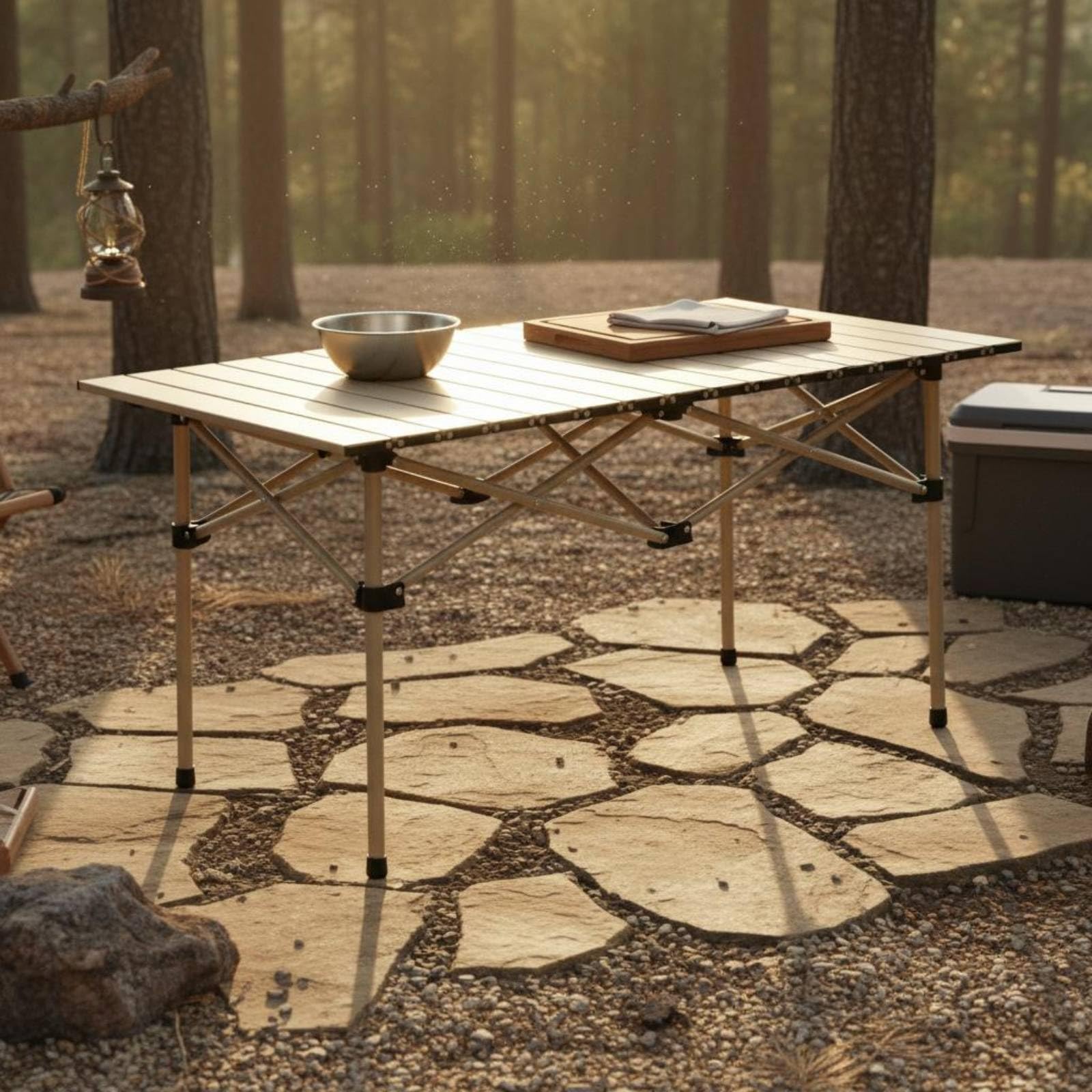 rockible Mesa de Camping Plegable Ligera con Superficie Segmentada Mesa Auxiliar Mesa de Picnic Mesa de Exterior Diseño Abatible de Patas Rectas y Cruces, 120 65 62 Cm, Beige