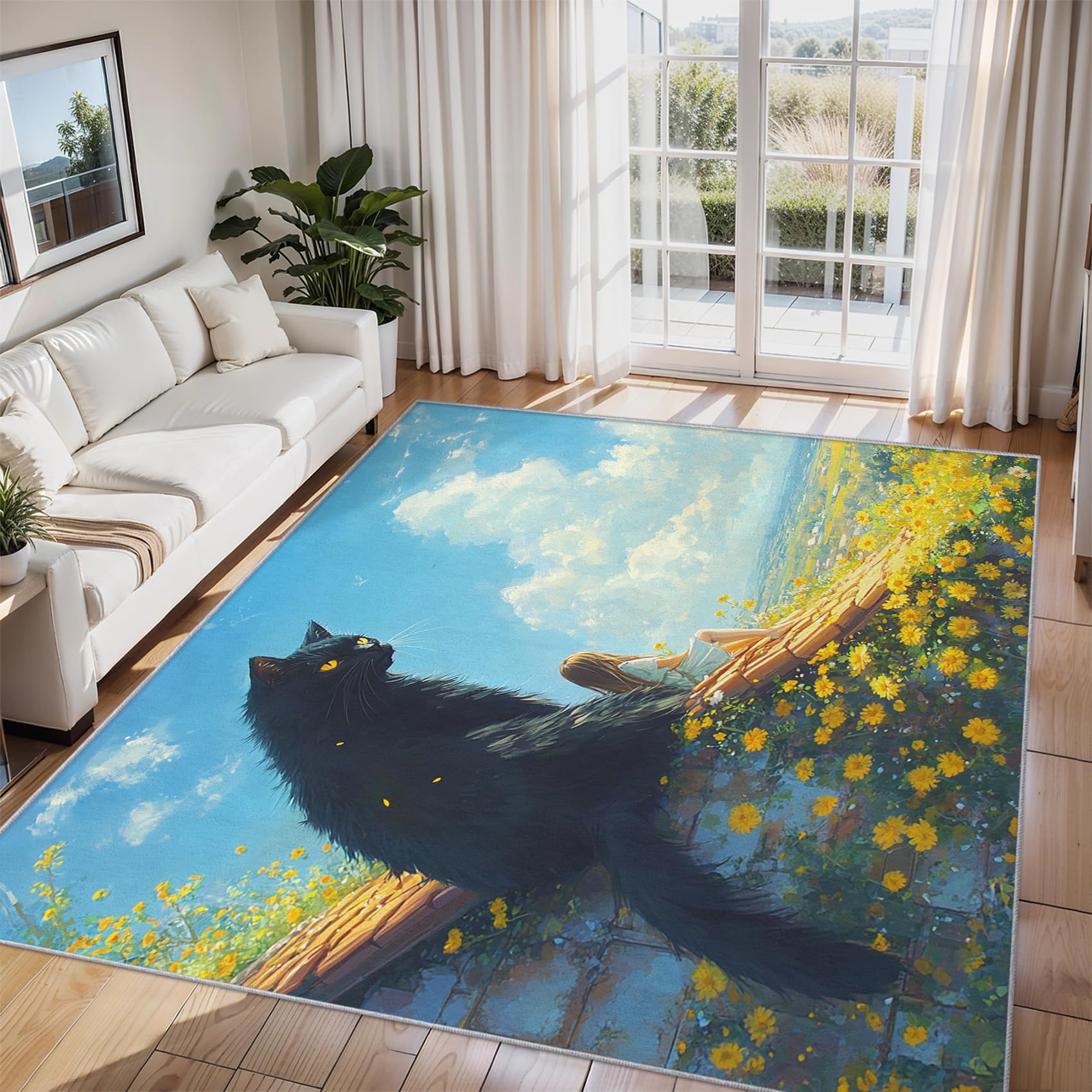 Tapis salon chat noir et marguerite 160x230 cm à poils courts