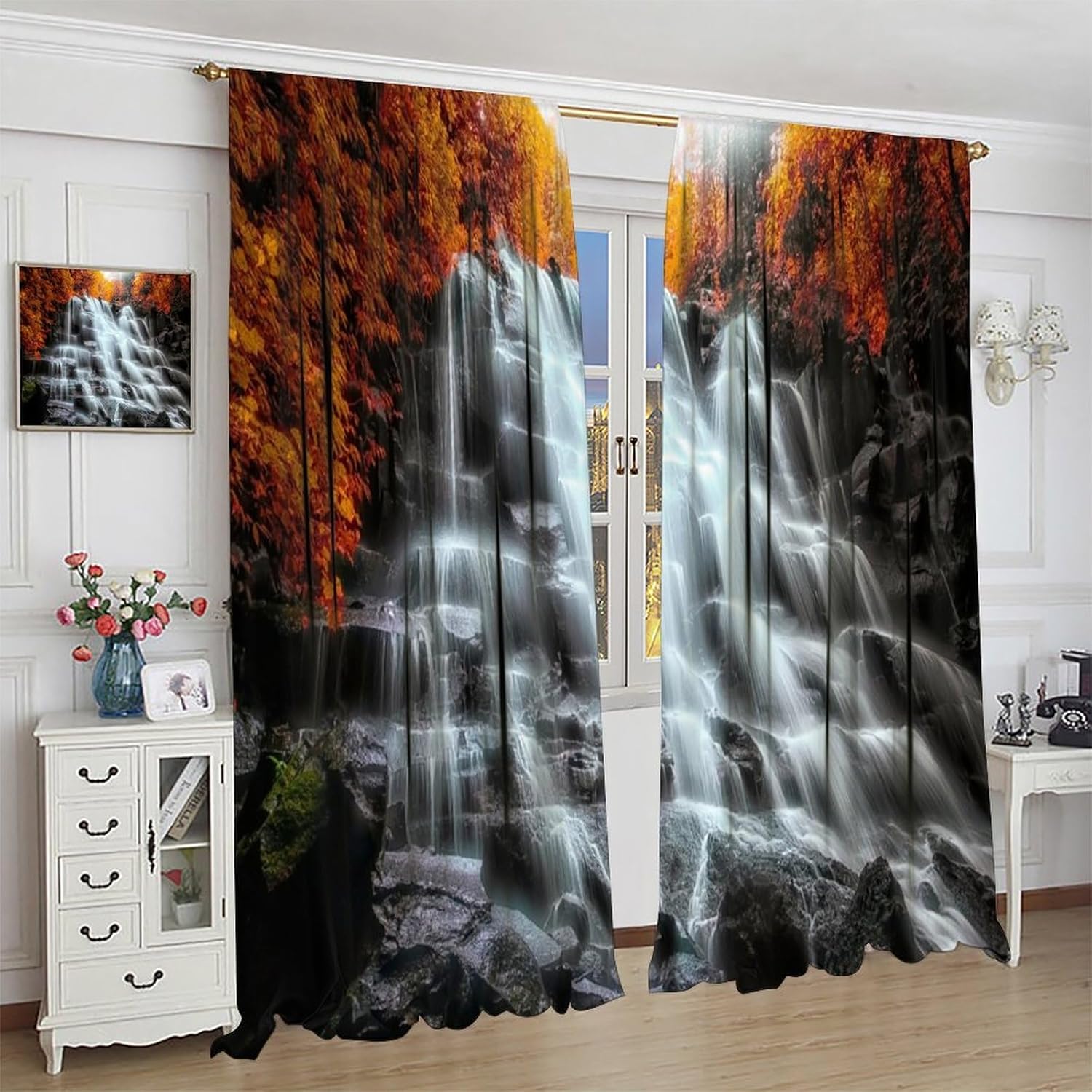 Waterfall Blackout Curtains，Fall Forest Tree Jungle Waterfall Autumn Nature Scenery Landscape Pattern Drapes Window 2 Panel Rod Pocket Curtain for Bedroom Living Room Decor 21" W X 45" L