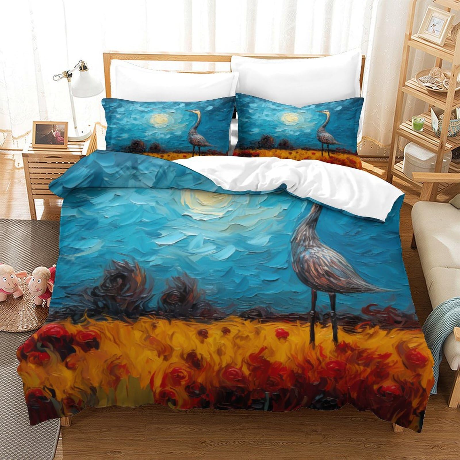 P1S9U7W5Y 3D Printed Sunset Heron Duvet Cover Set 3pcs Microfiber Watercolor Bedding Set King