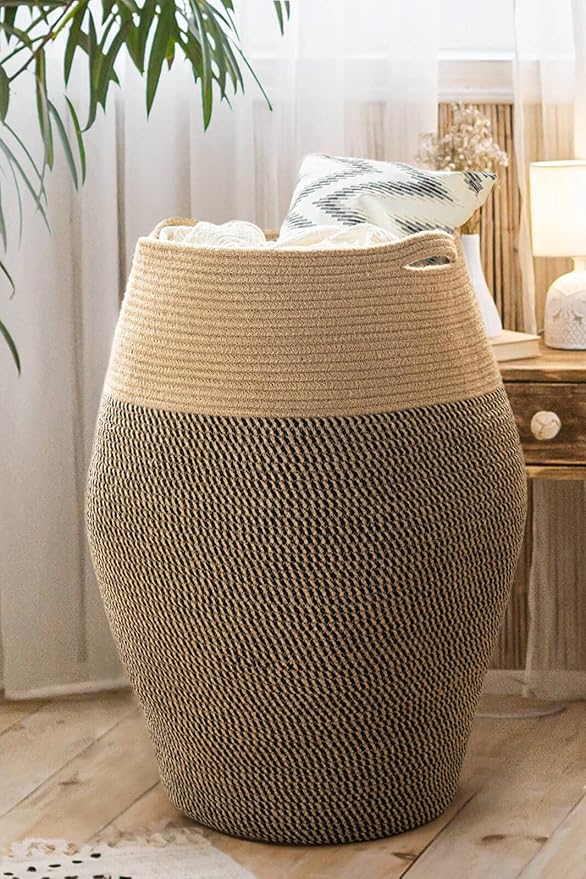 TIMEYARD Grand Panier Haut en Corde Tressée Bicolore Noir & Jute Naturelle - 65 cm