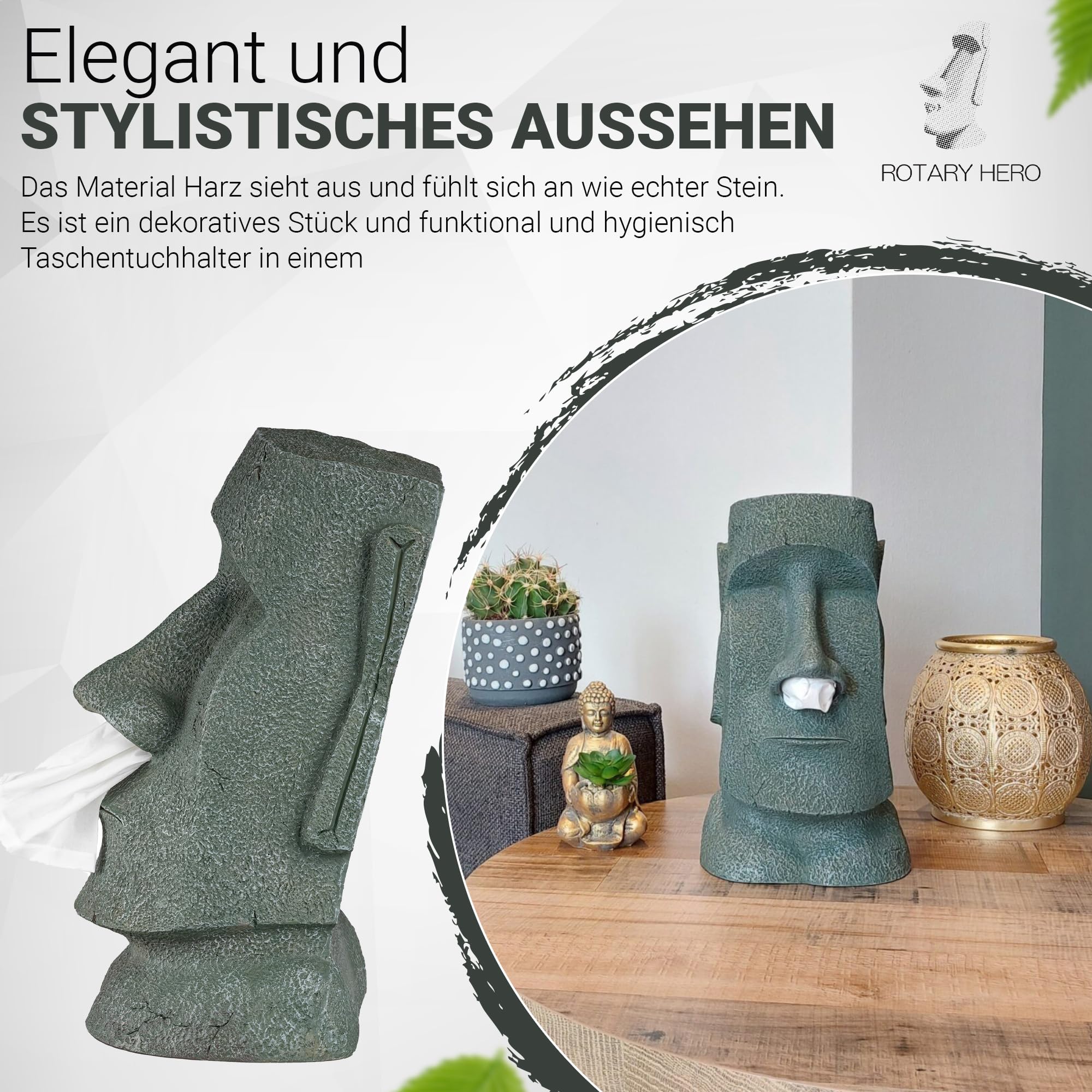 Rotary Hero Moai-Taschentuchspender - Servietten-Taschentuchbox mit Moai-Figur - Dekorativer Taschentuchhalter für Küche, Bad und Schlafzimmer - 18 x 14,5 x 32 cm