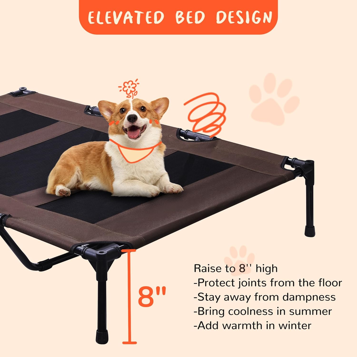 review PRAISUN Outdoor Dog Bed with Canopy, XL Elevated Dog Bed, Dog Cot, Pet Bed with Oxford Fabric, Textilene Mesh, Carrying Bag, Cooling, for Indoors, Outdoors, Beach, Brown