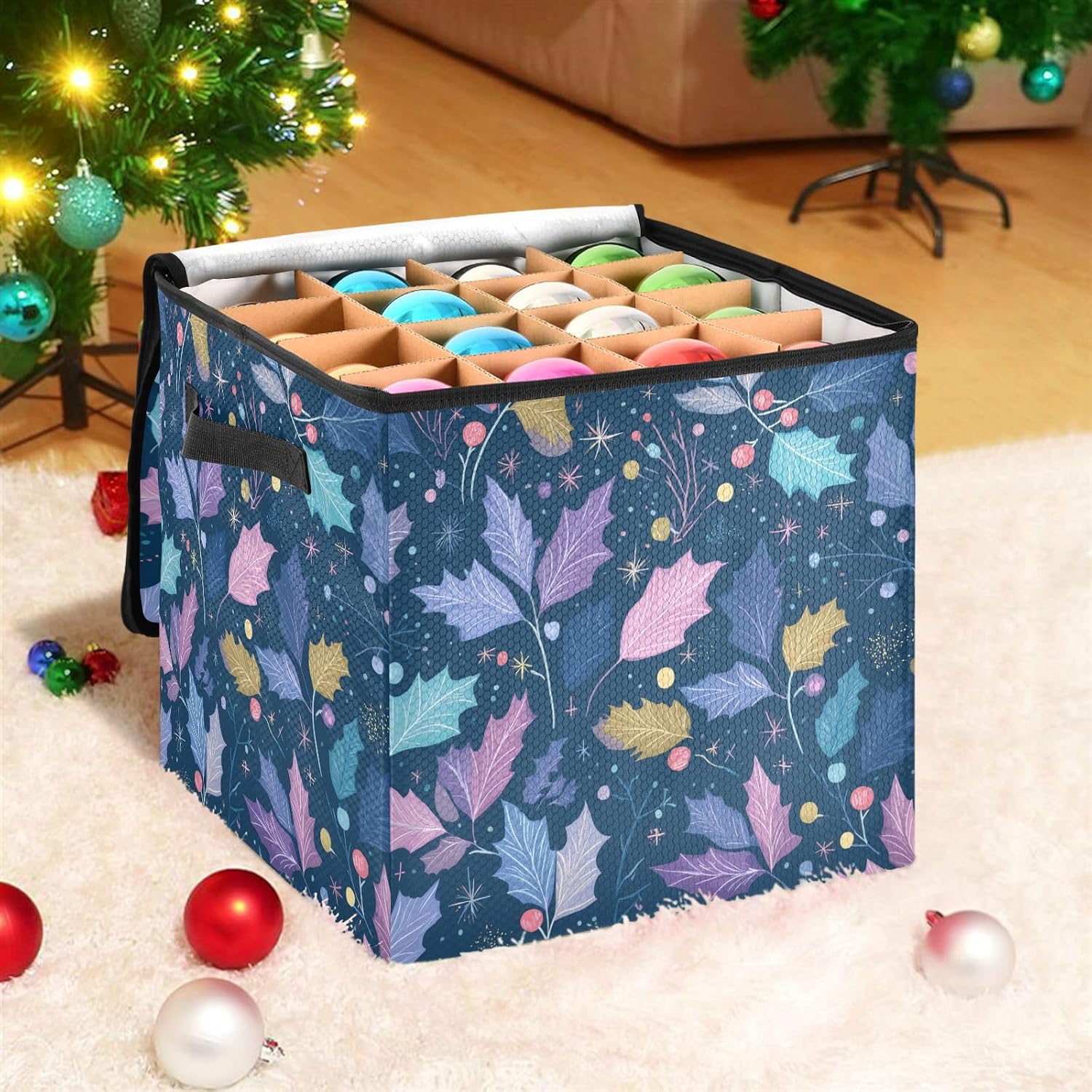 OTVEE Christmas Ornament Storage Box Holiday Decoration Organizer Stores upto 64 Holiday Ornaments Adjustable Dividers Tear-Proof Fabric Berry Decor