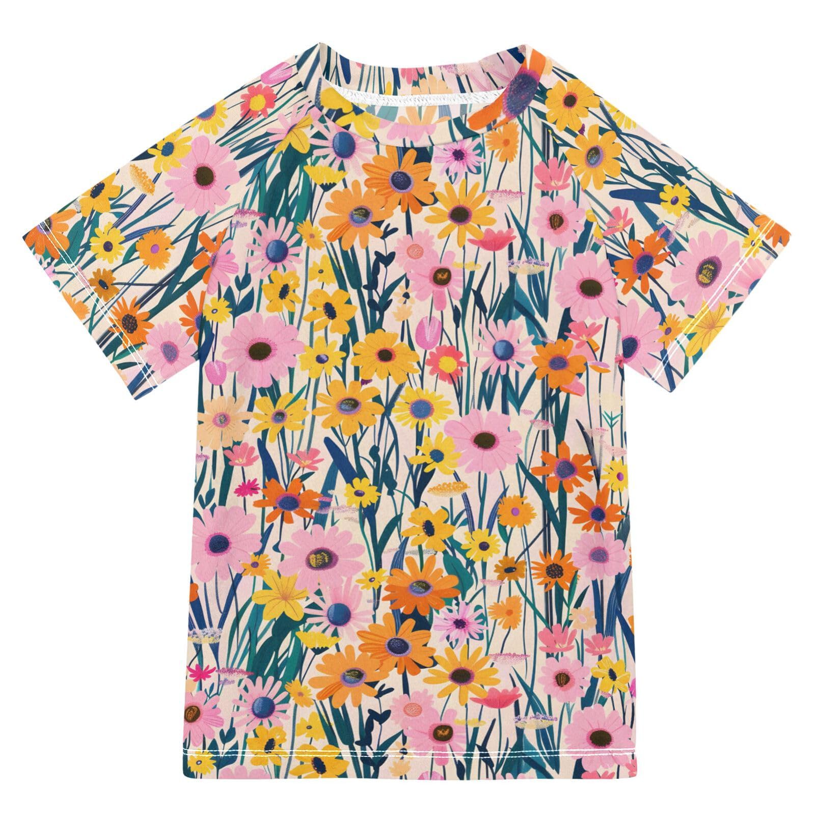 ALAZA Boys Swim Shirts Toddler Rash Guard Short Sleeve Rashguard Blooming Flowers UPF 50+ 11-12T