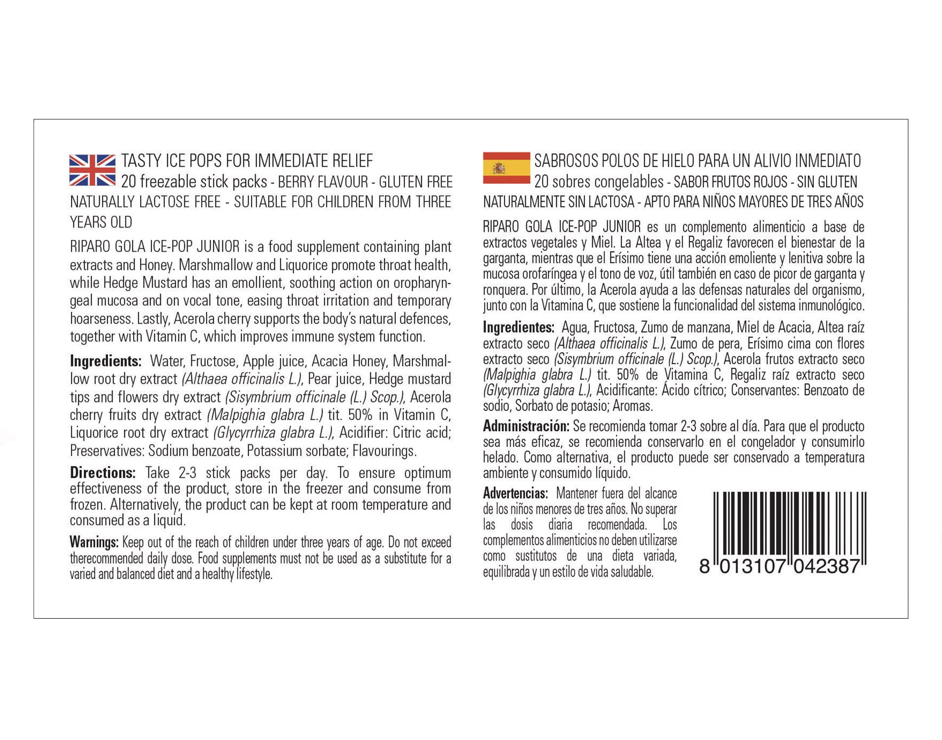Naturando Riparo Gola Ice Pop Junior per Fastidi Gola Bambini con Miele, Altea, Acerola, Erisimo, Liquirizia - 20 Stick Gusto Frutti Rossi