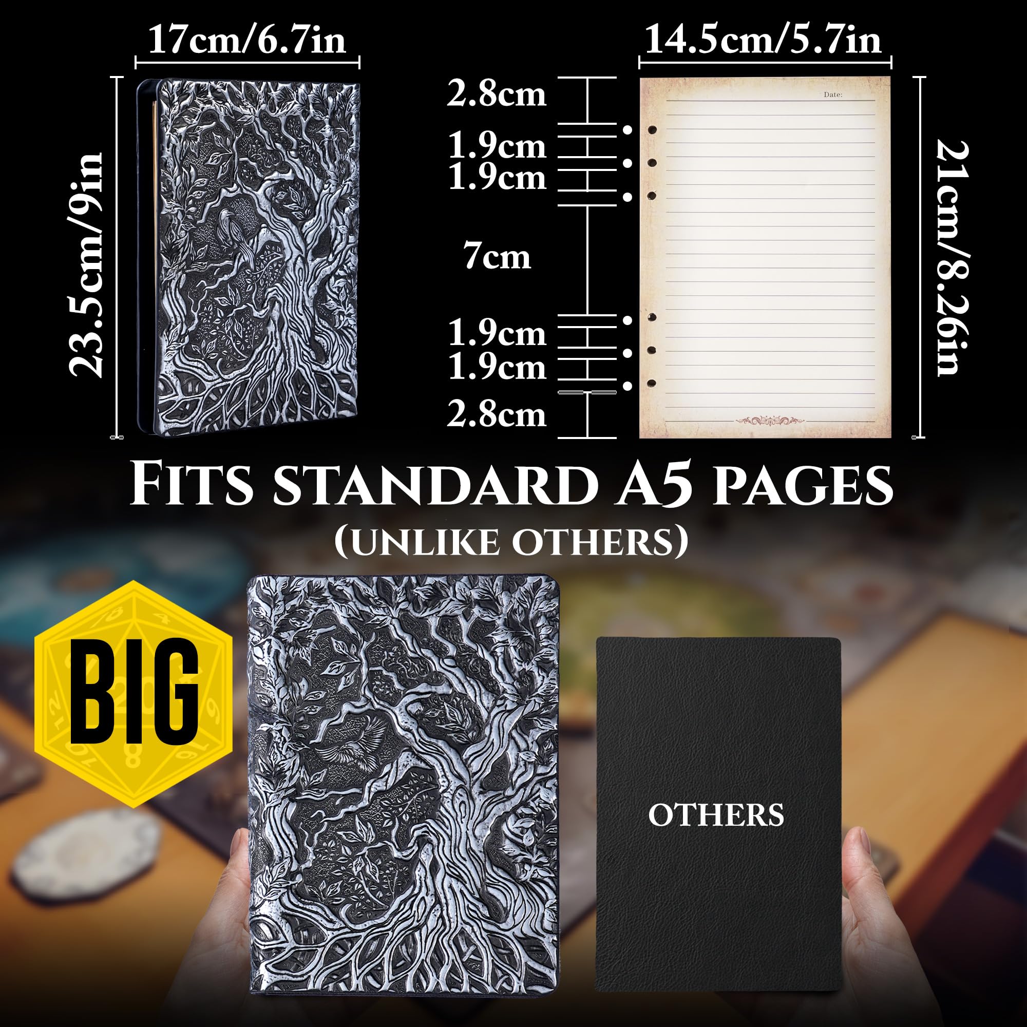 DND Notizbuch Journal nachfüllbar Binder - Story Forge 400 Seiten (200 Blatt) mit atemberaubendem 3D Baum des Lebens Design - Perfekt für Dungeons and Dragons (D&D) mit Bonus-Tabs und Lineal (Silber)