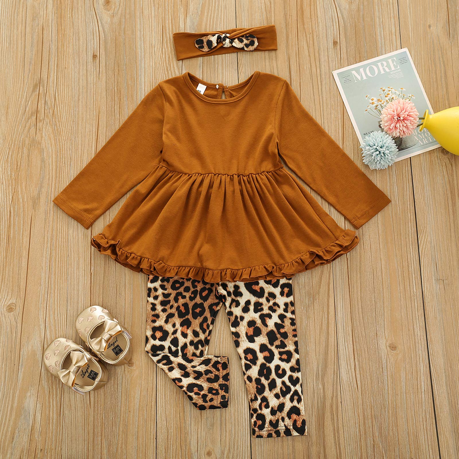 Yccutest Baby Girl Outfits Long Sleeve Solid Color Ruffle Shirt+ Long Pant+ Scarf 3Pcs Toddler Girl Fall Clothes Suit (Brown, 12-18 Months)