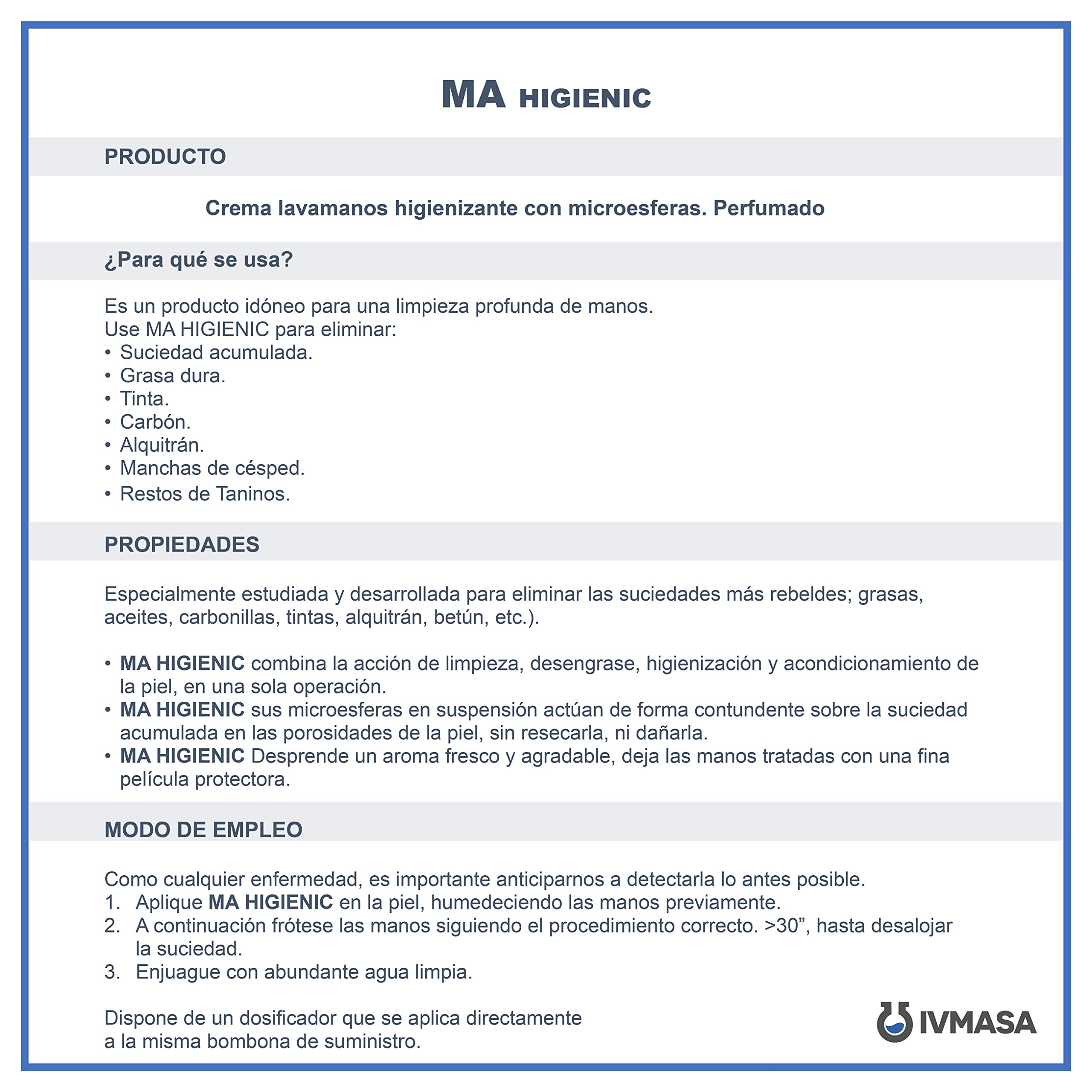 Crema lavamanos higienizante con microesferas. Perfumado MA HIGIENIC - Envase 4LT