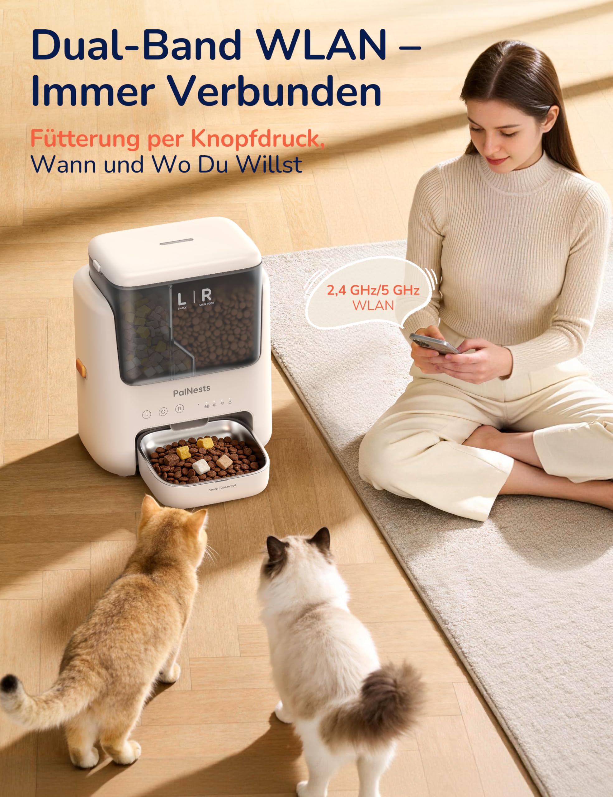 Futterautomat Katze 5L, PalNests Automatischer Futterspender für Katze und Hund mit Edelstahlnapf, Doppelbehälter-Tierfutterspender mit Trockenmittel, Katzenfutter Automat mit Einem Knopf und APP