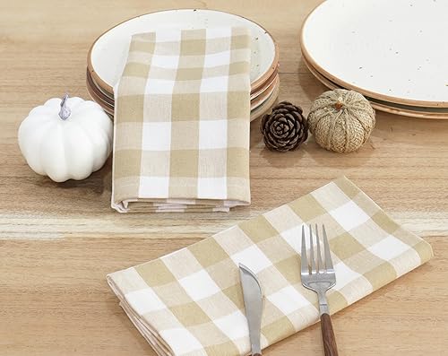 Miniatura 4 de PurpleEssences Servilletas de tela a cuadros de búfalo  Esquinas en inglete  Juego de 12  100% algodón  Reutilizables y lavables  Beige y Blanco