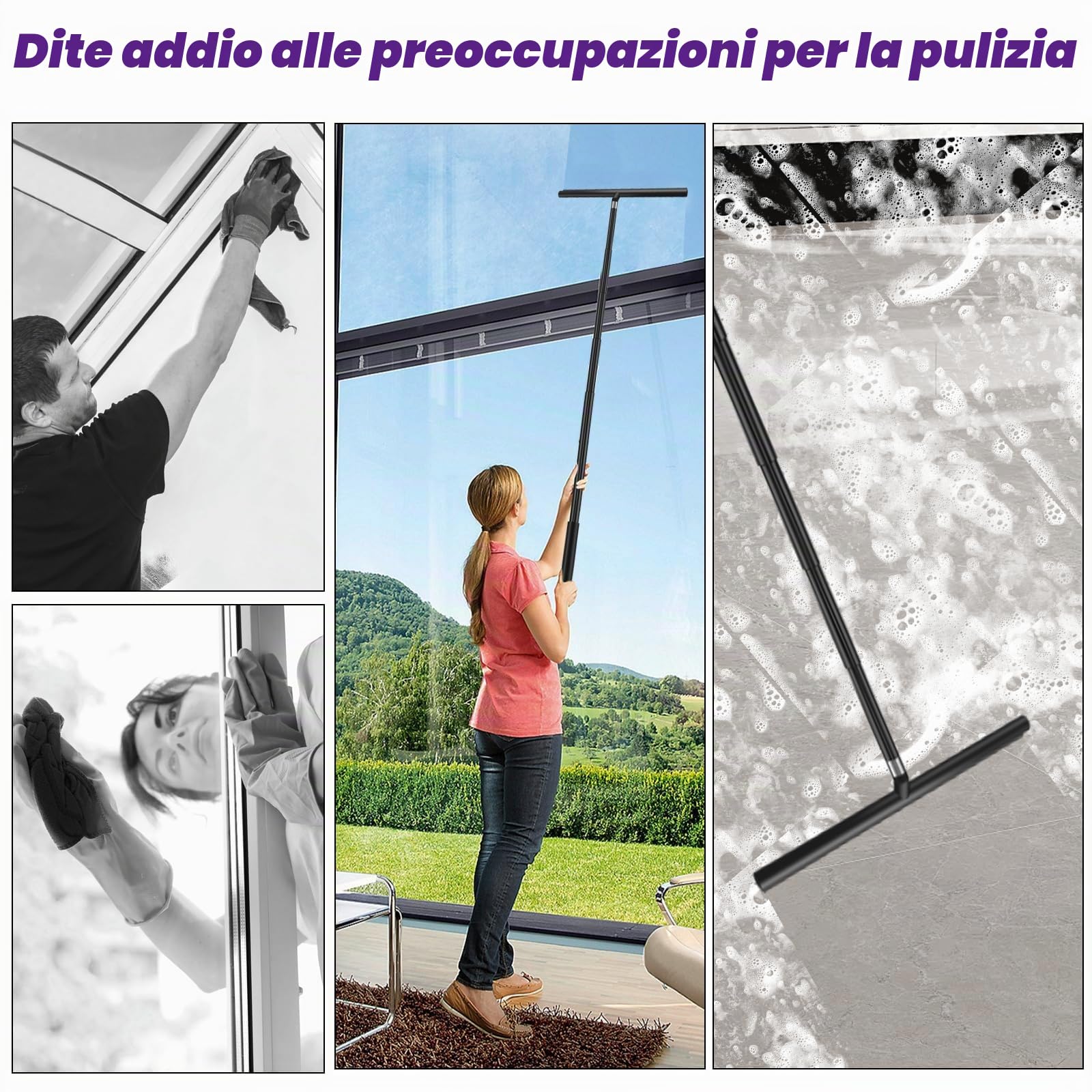 Tergivetro per Doccia, Pulisci Vetri Porte e Finestre Estensibile fino a 120 cm, Tira Acqua da Doccia con Gancio, Tergivetro Doccia Silicone con Anima per Finestre del Bagno