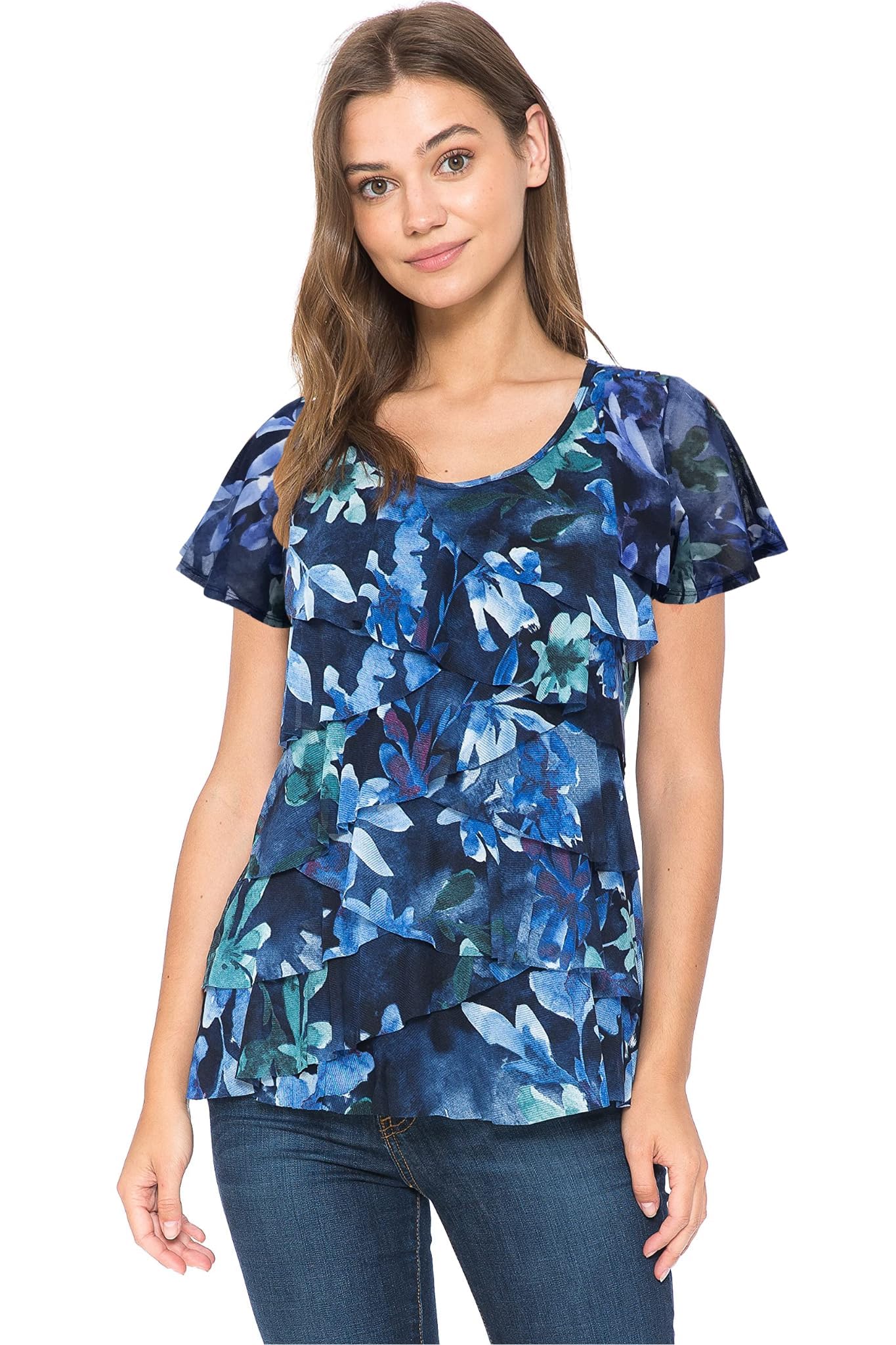 LEEBE Women and Plus Size Printed Mesh Ruffle Top (Small-5X)