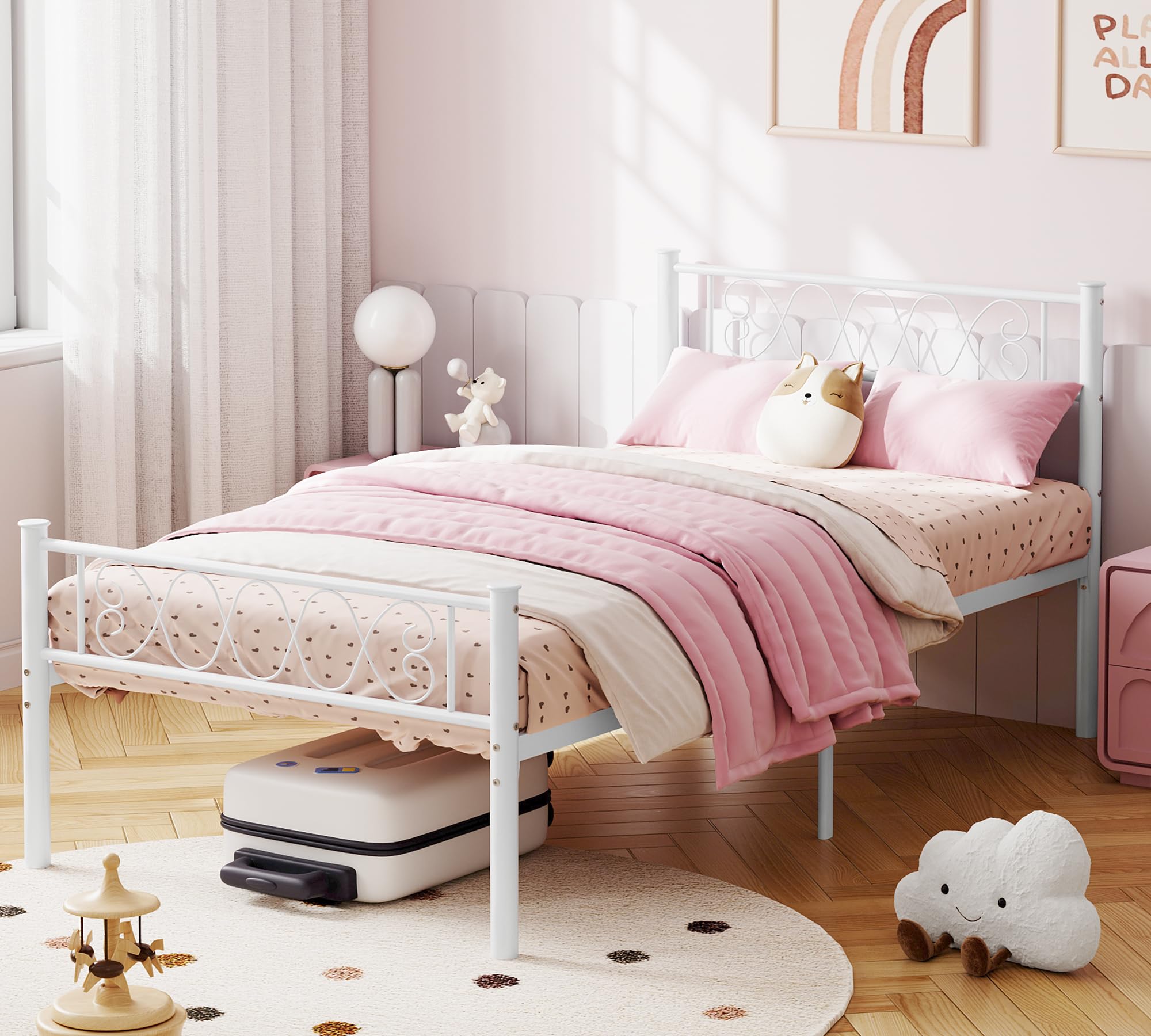 IDEALHOUSE White Twin XL Bed Frame with Headboard and Footboard for Girls and Boys, Metal Platform Bed Frame with Iron-Art Sweet Heart, No Box Spring