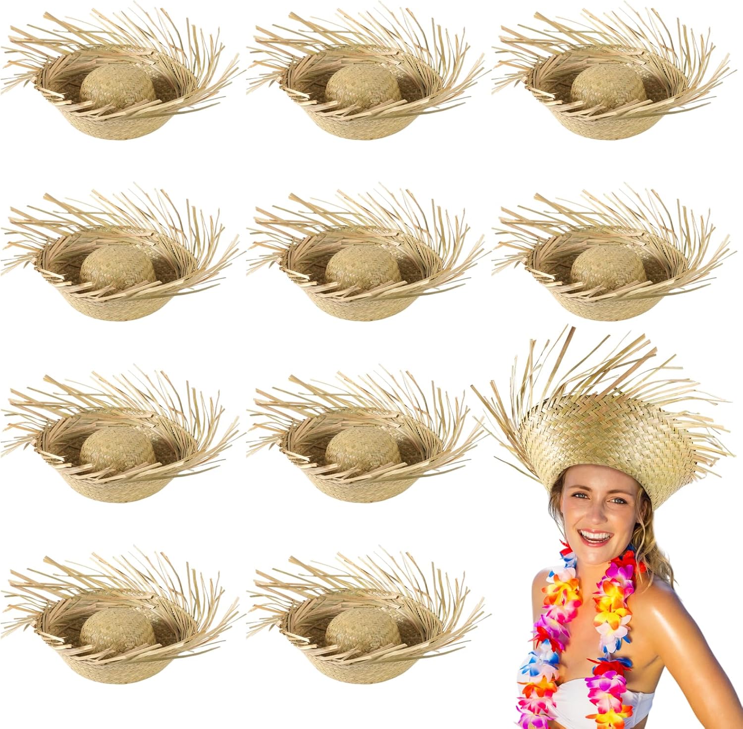 10 Pack Hawaiian Luau Straw Hats, Puerto Rico Pava Hat Beachcomber Straw Hat for Summer Beach Mexican Sombrero Party