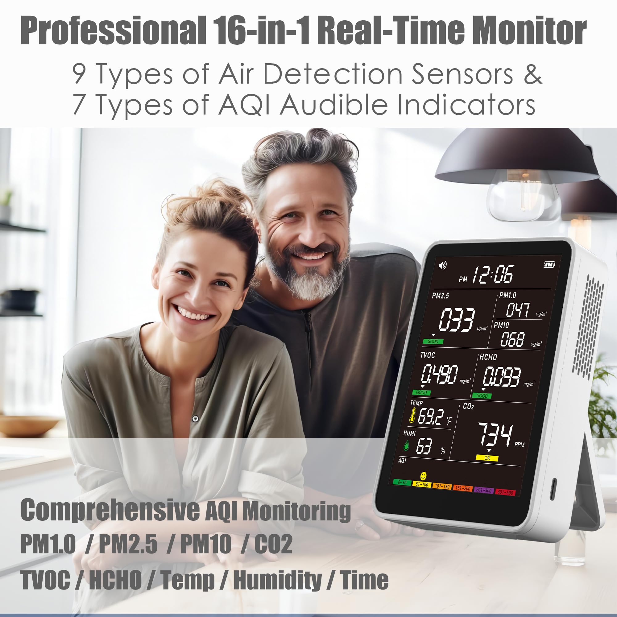 16-in-1 Indoor Air Quality Monitor, High-Precision Multi-Parameter Smart Air Quality Tester with HD Real-Time Color Screen, Portable Air Quality Monitor for Home, Office, Cars, School, Bedroom — Amazon image 2