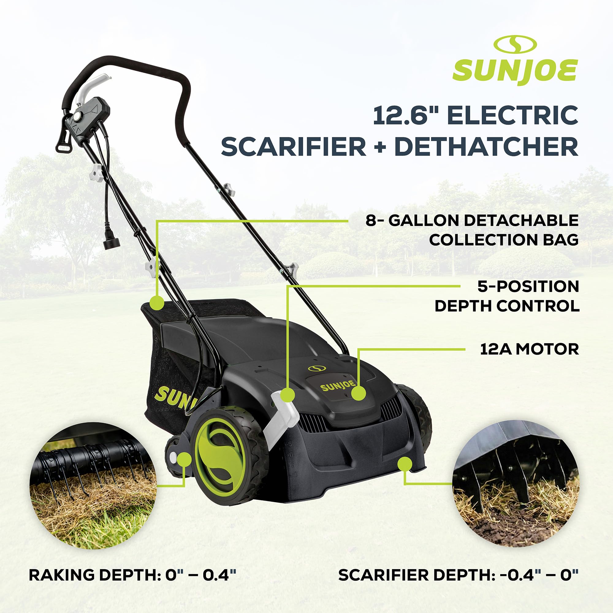 Sun Joe AJ801E 12 amperios, destilador eléctrico y escarificador con bolsa extraíble de 8 galones, ajuste de altura de 5 posiciones, tecnología Airboost aumenta la salud del césped, 13 pulgadas, verde