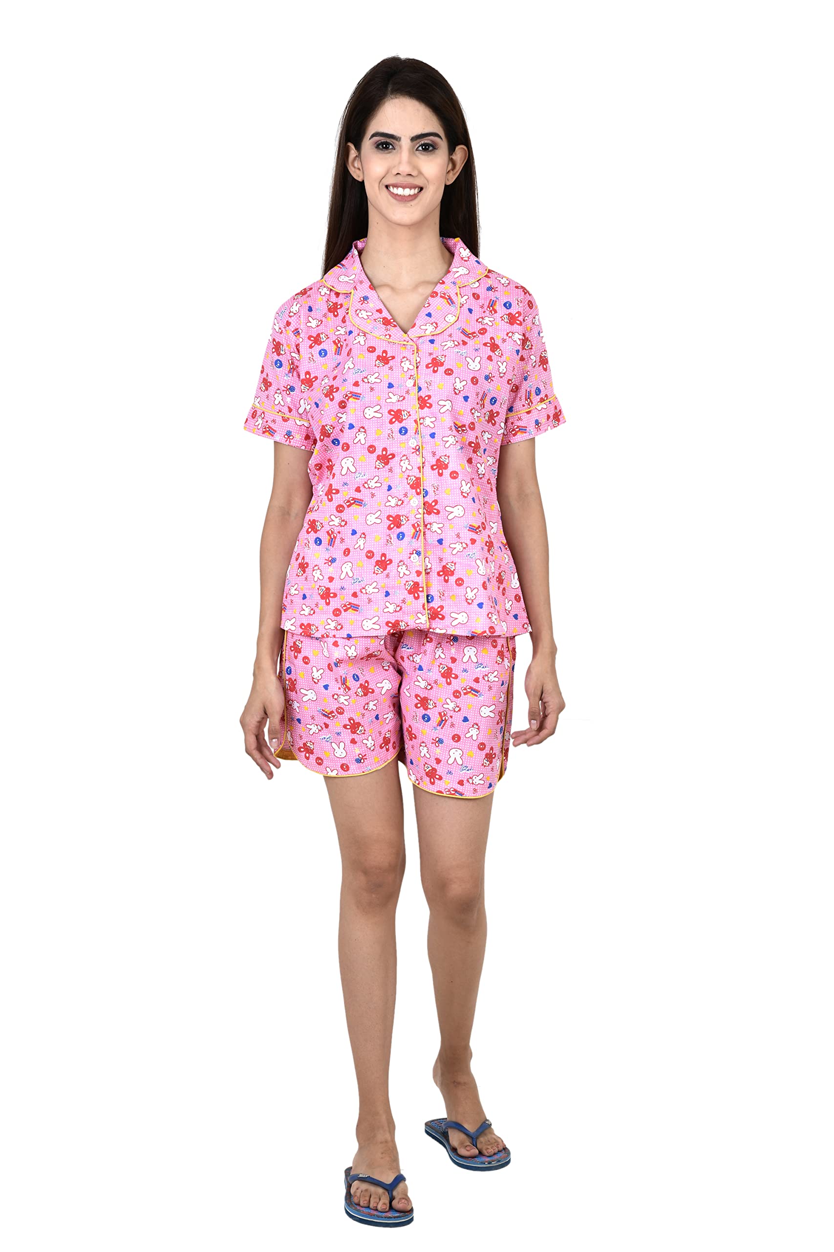 Women's Cotton Cartoon Printed Short Half Sleeves Night Suit Set of Top & Shorts Night Suit & Night Shirt | Front Open Night Dress Night Suit and Nightdress Ladies Night Dress Baby Doll Nighty-image-14