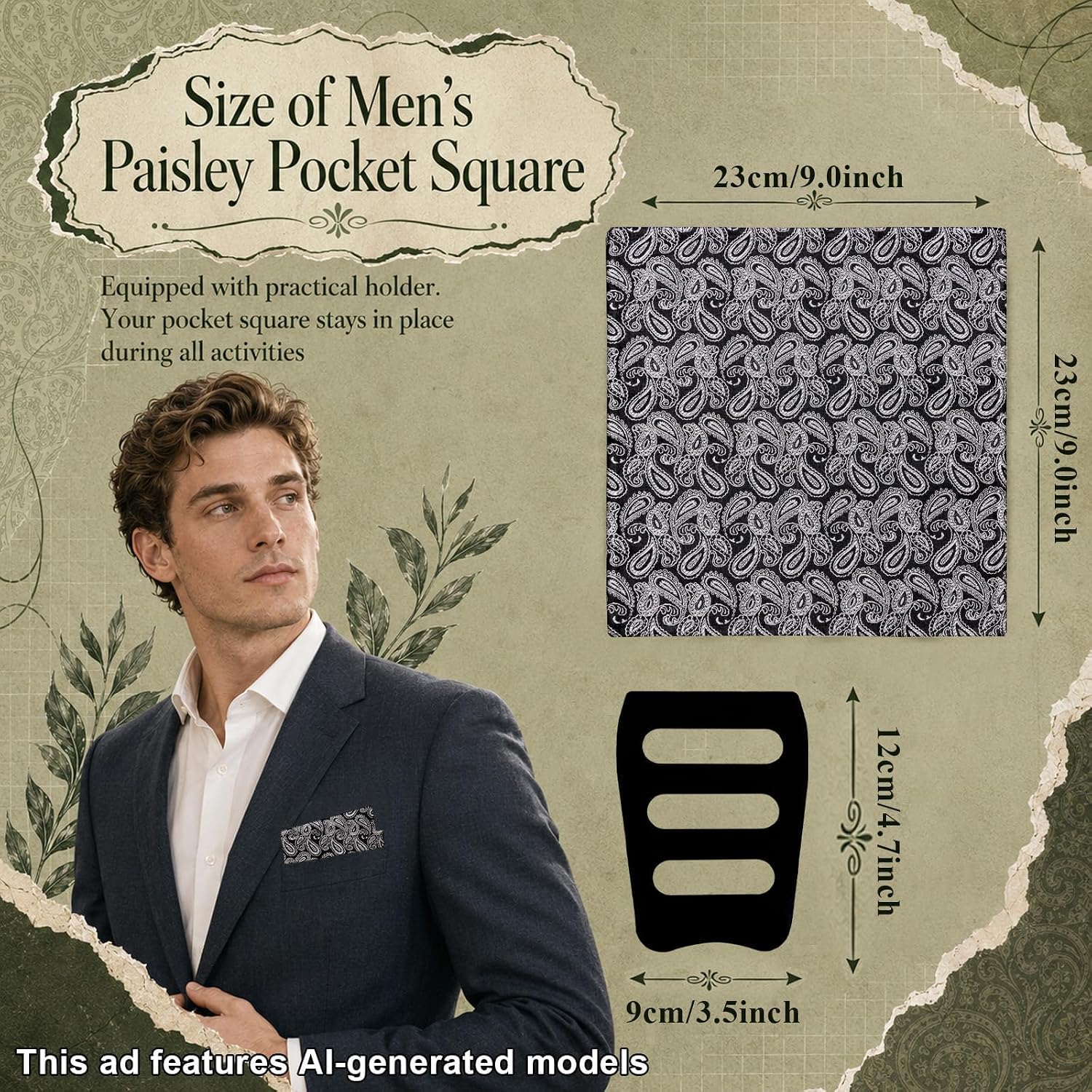 Paisley Pocket Squares for Men Handkerchief with Holder for Weddings Party Daily Usual Dress Prom