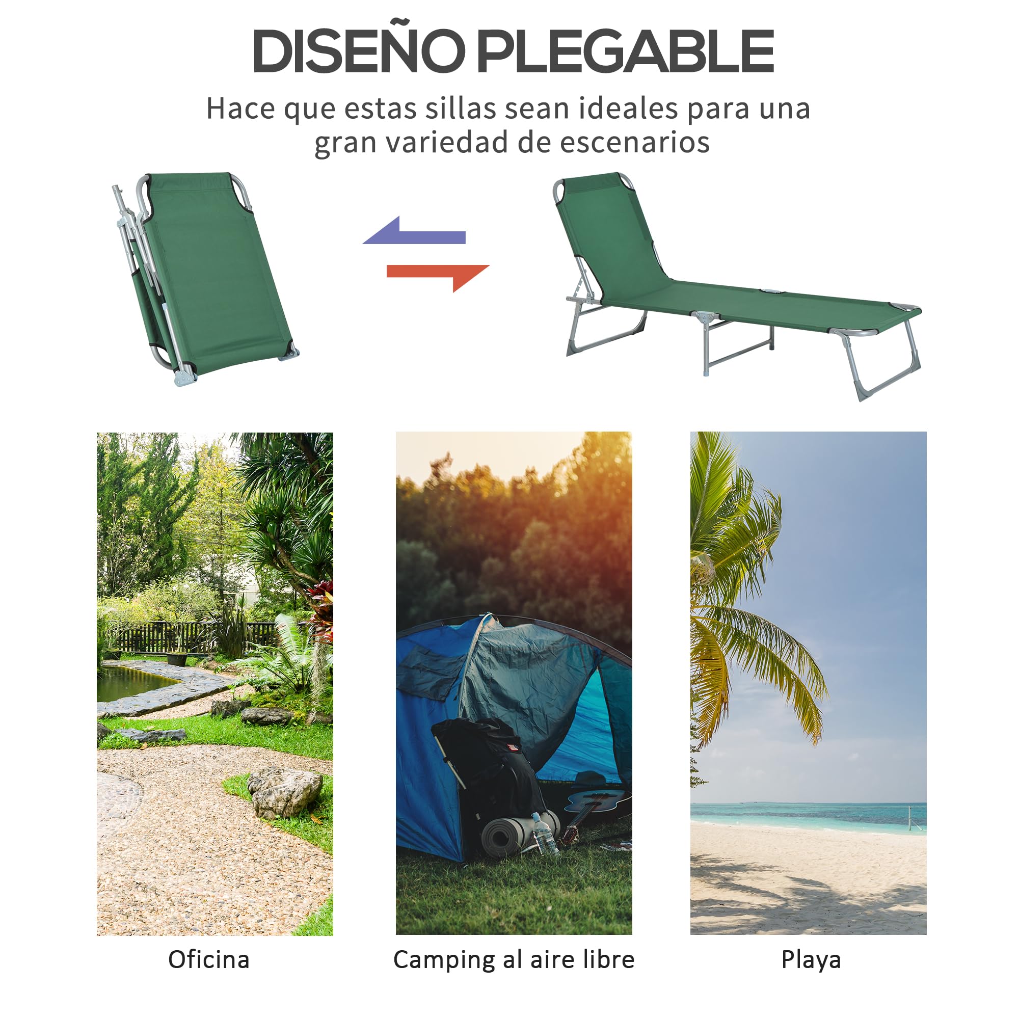 Outsunny Cama Plegable para Camping Cama Portátil con Altura Ajustable en 4 Niveles Carga 120 kg y Marco Metálico para Playa Piscina 187x58x30cm Verde