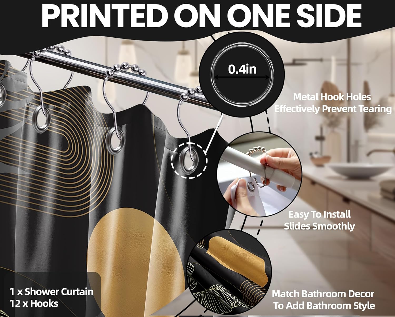 Black and Gold Shower Curtain Dark Mid Century Modern Boho Shower Curtains for Bathroom Decor MCM Masculine Cool Bath Curtain Set, Waterproof Fabric with Hooks 70 x 84 Inch