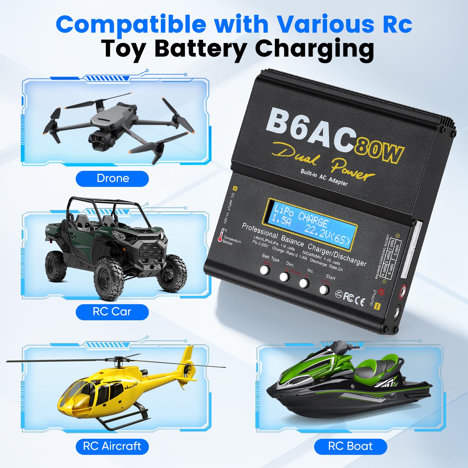 LiPo Ladegerät 80W 6A Dual Power Akku Ladegerät mit Balancer für LiPo Li-Ion Life (1-6S) NiMH NiCd (1-15S) PB, B6AC RC Batterie Ladestation mit LCD Display & Multi-Kabel für RC Auto Drohne, Schwarz