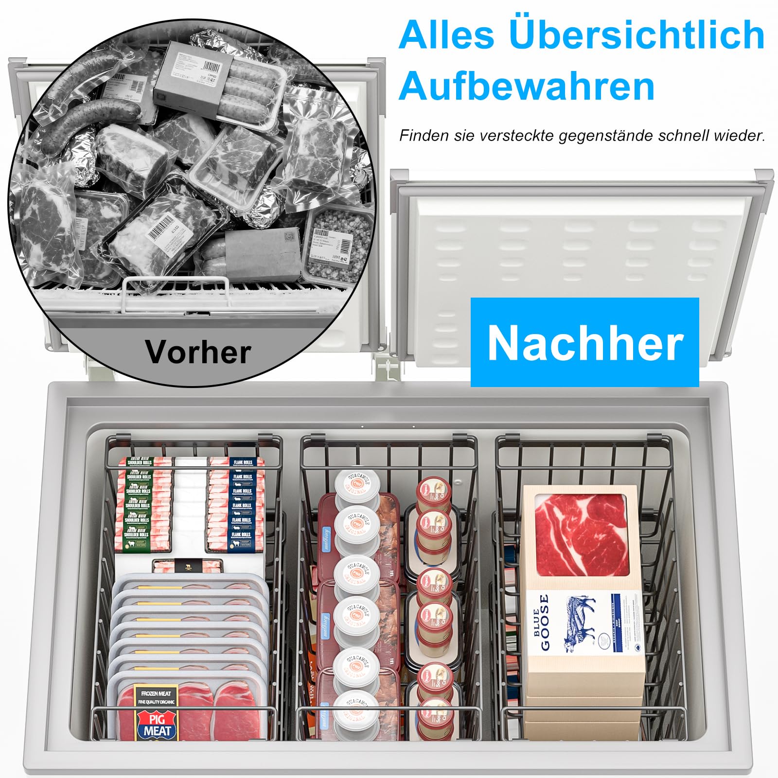 4er Gefrierschrank Organizer Stapelbare Gefrierkörbe aus Metall Gefriertruhe Korbe mit Boden und Griffen Gefriertruhe Ordnungssystem Platzsparend für 215L Truhengefrierschränken(37x18x15cm)