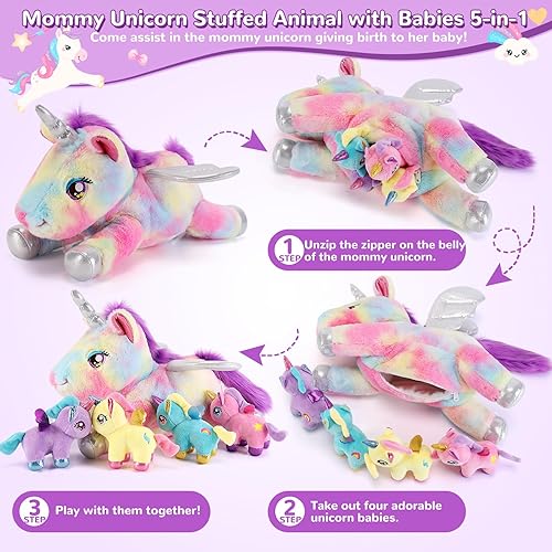 Miniatura 3 de 5 piezas de animales de peluche de unicornio, 1 unicornio de peluche para mamá con 4 bebés, regalos de unicornios para niñas de 3 a 8 años, juguetes