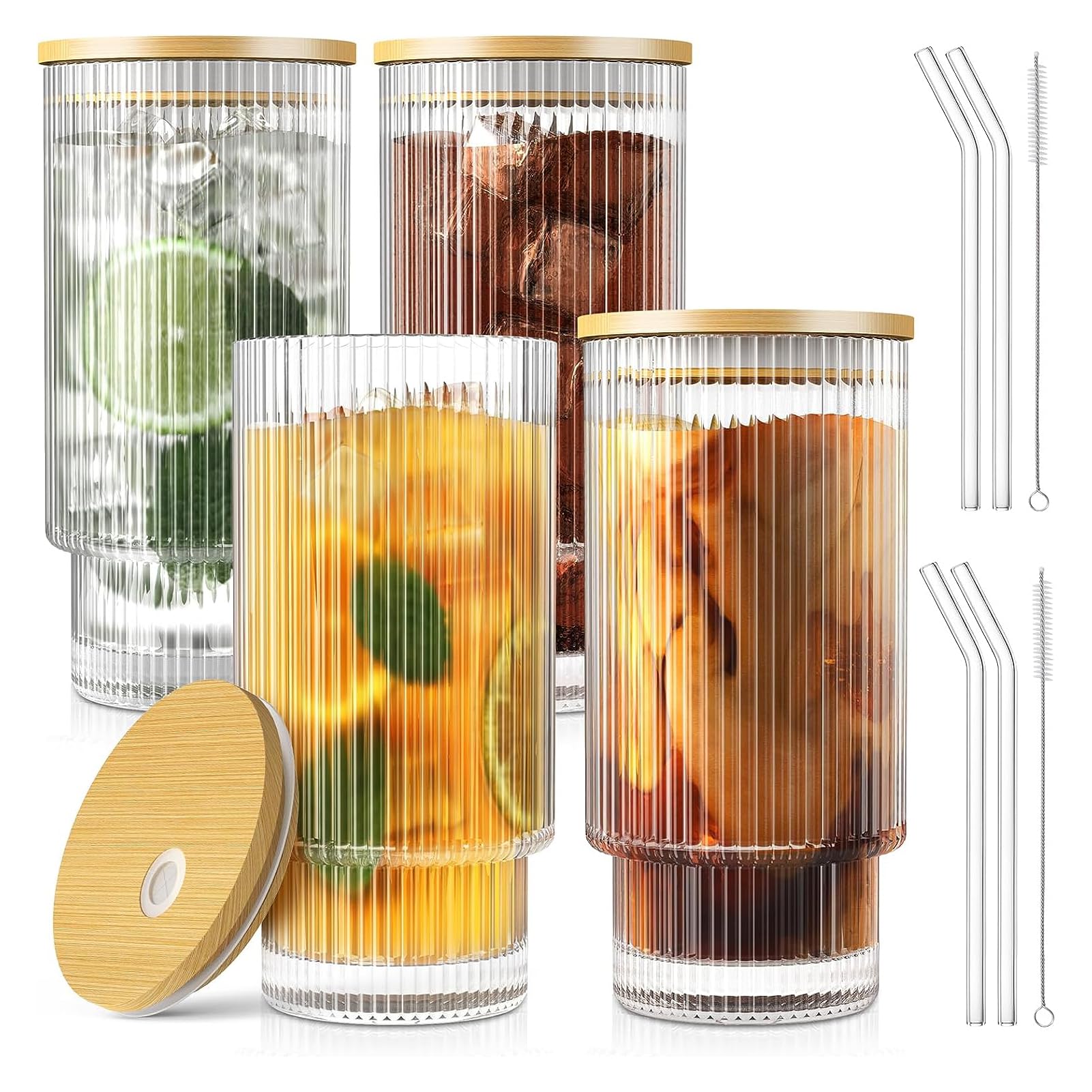 U-HOOME Drinking Glass Cups with Lids and Straws Set of 4, Iced Coffee Cups with Straws, Ribbed Glassware Drinking Glasses with Bamboo Lids, Cocktail Glasses Vintage Glassware 16oz for Cocktail, Gift