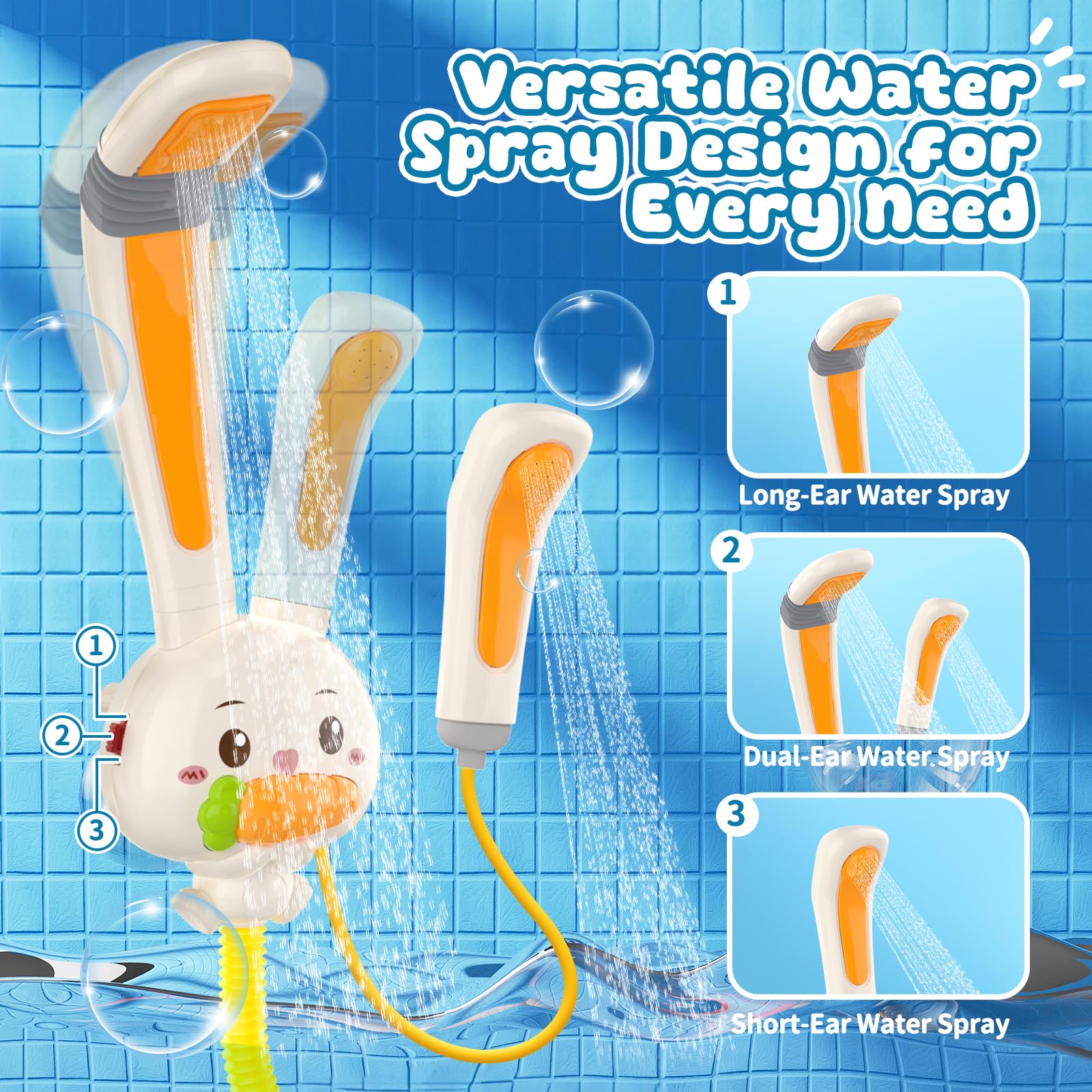 Baby Bath Toys, Rabbit Electric Bathtub Toys with Shower Heads, 3 Spray Modes, DIY Water Slippery Slide Track, NO Hole Floating Pool Toys for Bath Time, Waterproof Shower Toys for Toddler Boys Girls