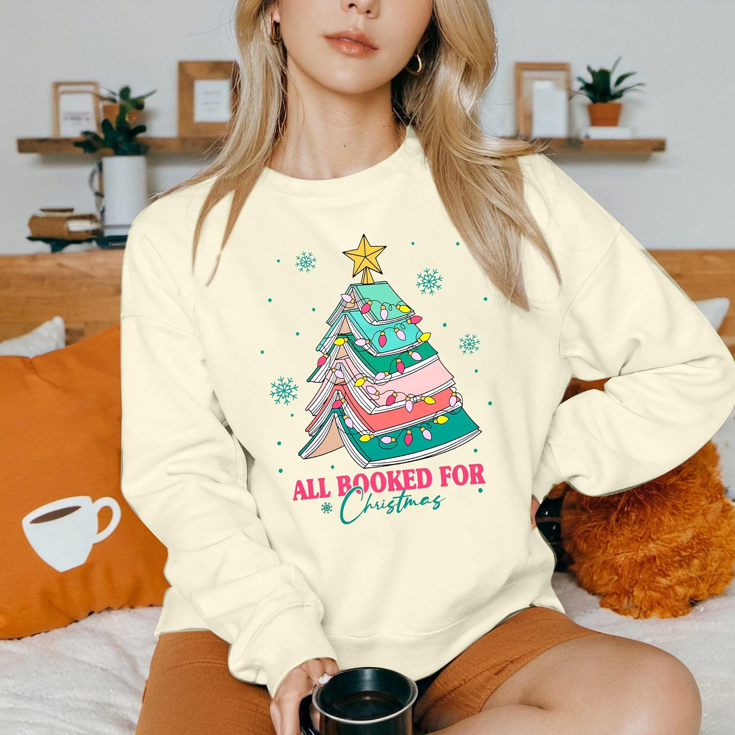 Christmas Sweatshirts for Women All Booked Christmas Sweater Funny Merry Sweatshirt Xmas Holiday Long Sleeve Pullover - Image 3