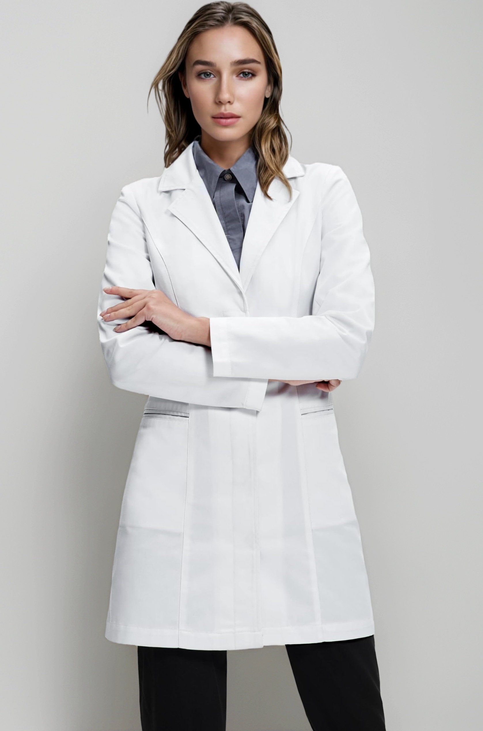 Women's Lab Coat, Hip Pockets, Slim Fit, Concealed Snap Closure, Hard Wearing Fabric, 33" Length