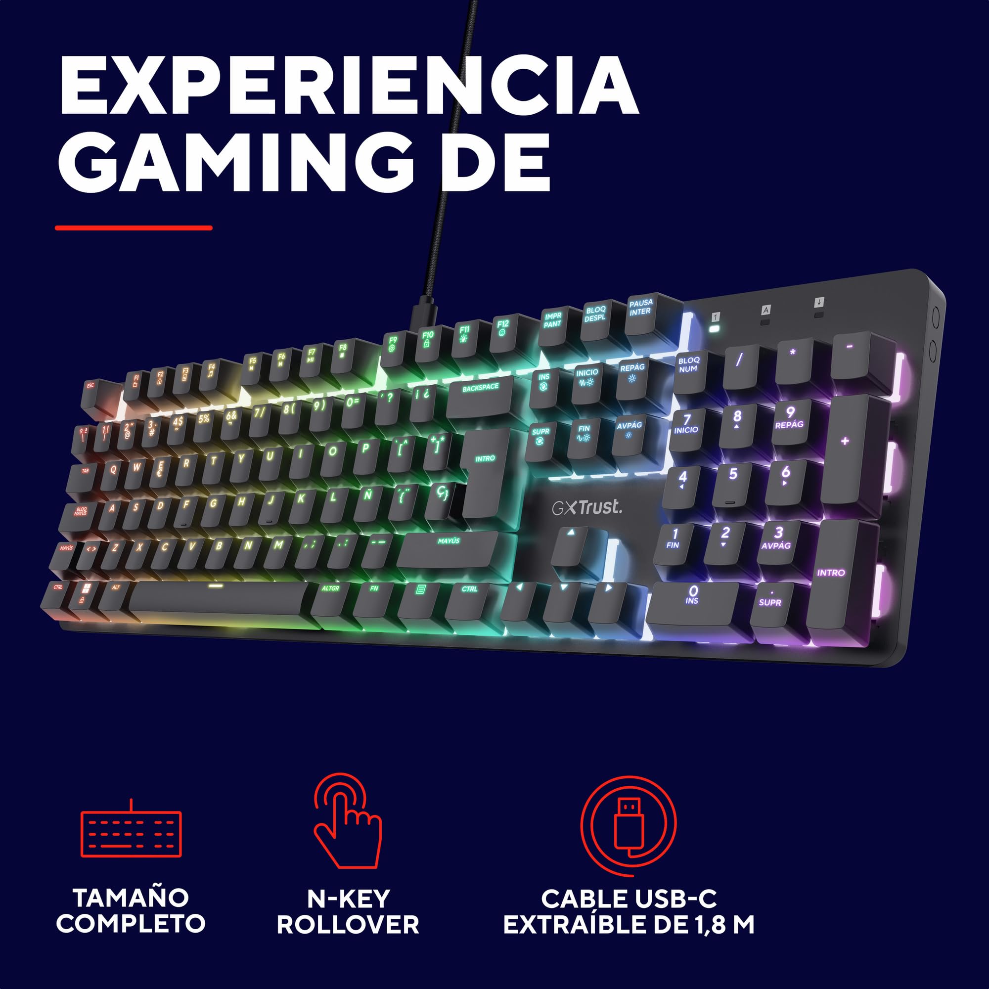GXTrust 871 Zora Teclado Mecánico Español QWERTY con Iluminación RGB, Interruptores Lineales Huano, N-Key Rollover Anti-ghosting, Teclado Gaming Programmable con Cable USB para PC Portátil