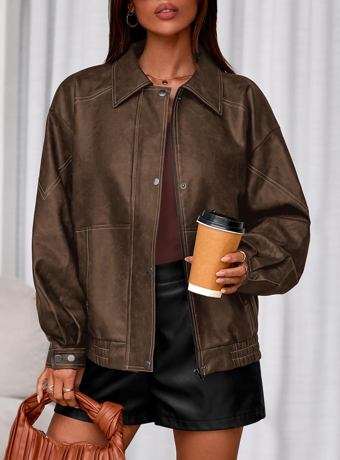 PRETTYGARDEN Faux Leather Jacket Women Bomber Motorcycle Zip Up Jackets Oversized Fall Fashion Outfits 2026 Winter Coats - Image 5