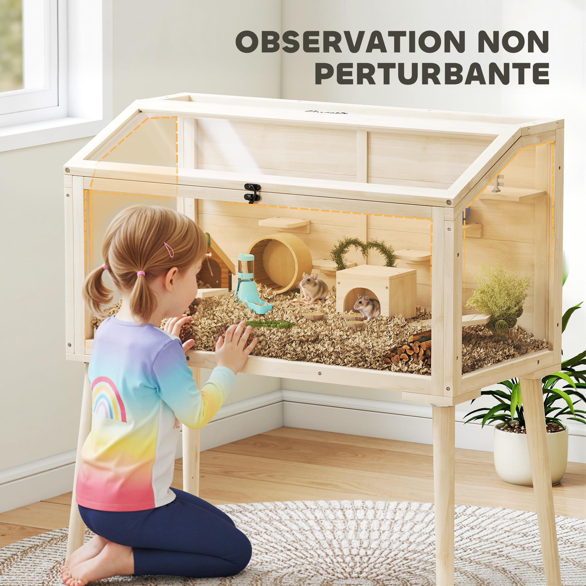 PawHut Cage Hamster en Bois Toit Ouvrable 110x52x101cm Effet Bois Naturel | Habitat pour Rongeur et Souris, 7 Plateformes, 2 Balançoires, Bouteille d'Eau, Cage à Gerbilles