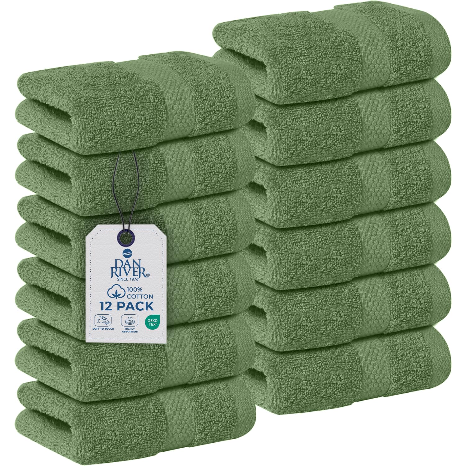 DAN RIVER 12-Pack Premium 100% Cotton Sage Green Face Towels for Bathroom - Reusable Face Wash Cloths for Showering 12x12 Inches - 550 GSM Super Soft