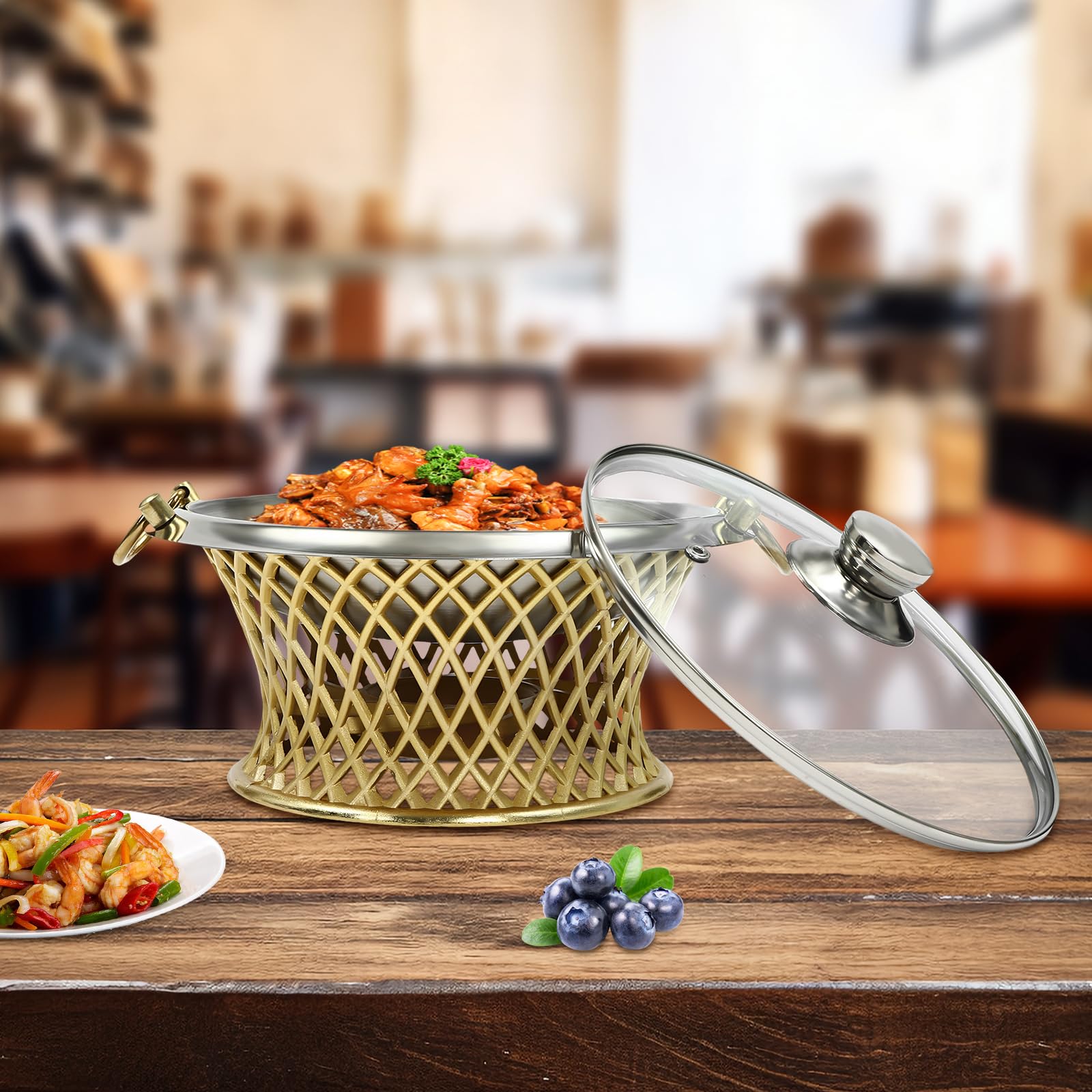 RocoReny 0.4gal Round Chafing Dish Buffet Set,11in-Portable Roll Top Stainless Steel Buffet Warmer Chafers with Pans and Fuel Holders for Catering Events Parties Weddings Dinners (Gold)