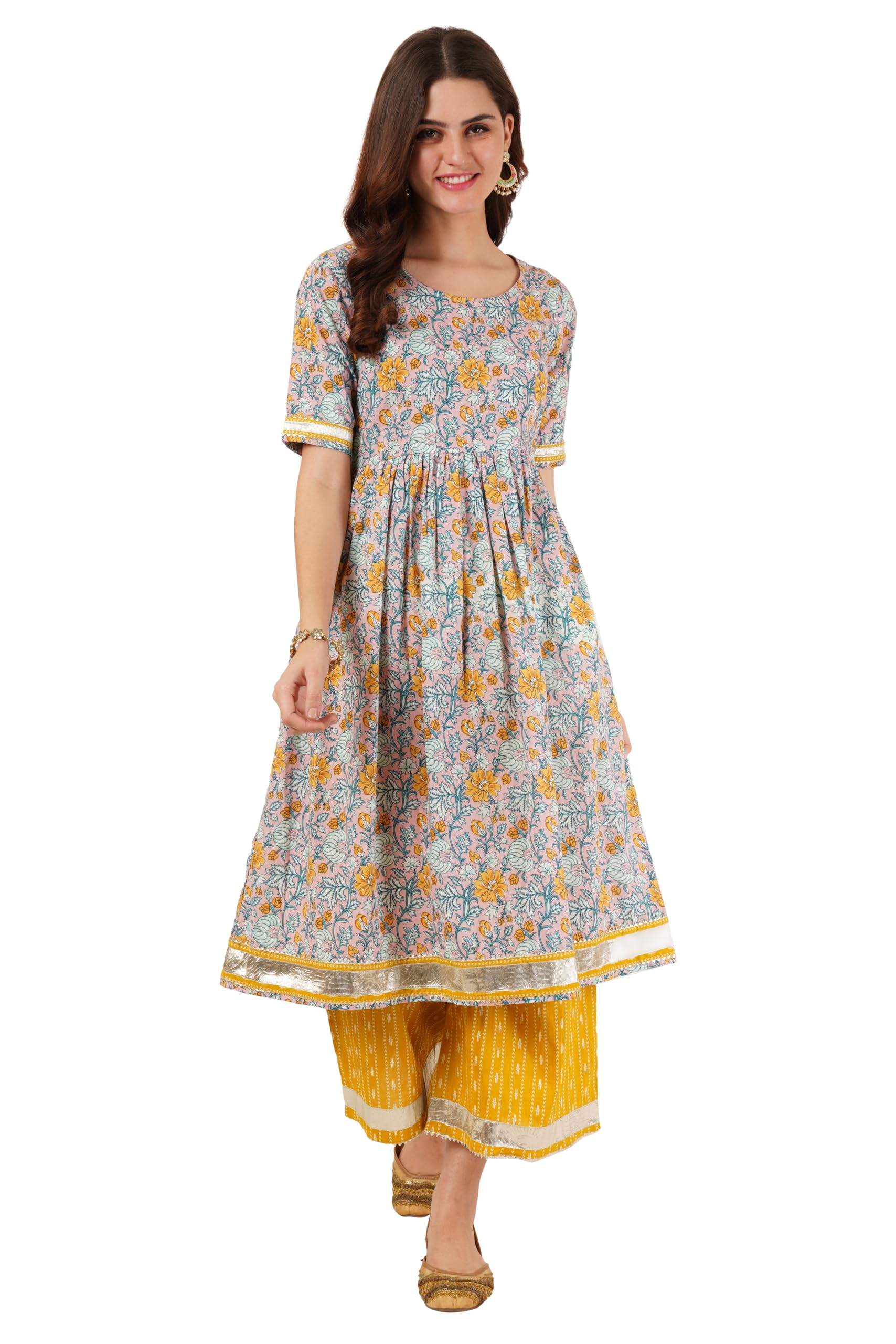 Jaipuri Cotton Floral A-Line Flared Gota Work Festive Kurta Set With Palazzo-image-33