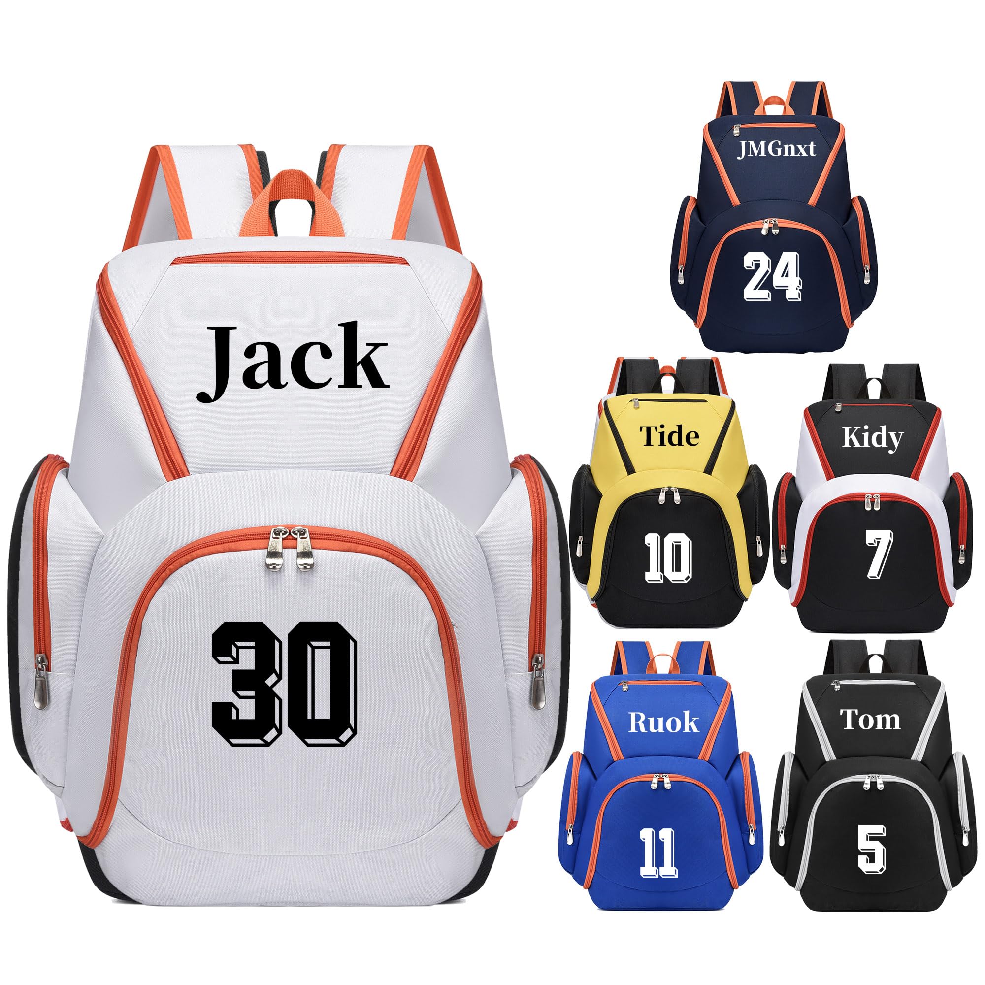 JMGnxt Personalized Basketball Backpack for Men/Women - Custom Name & Logo, Adjustable Straps for Sports, Gym (White)