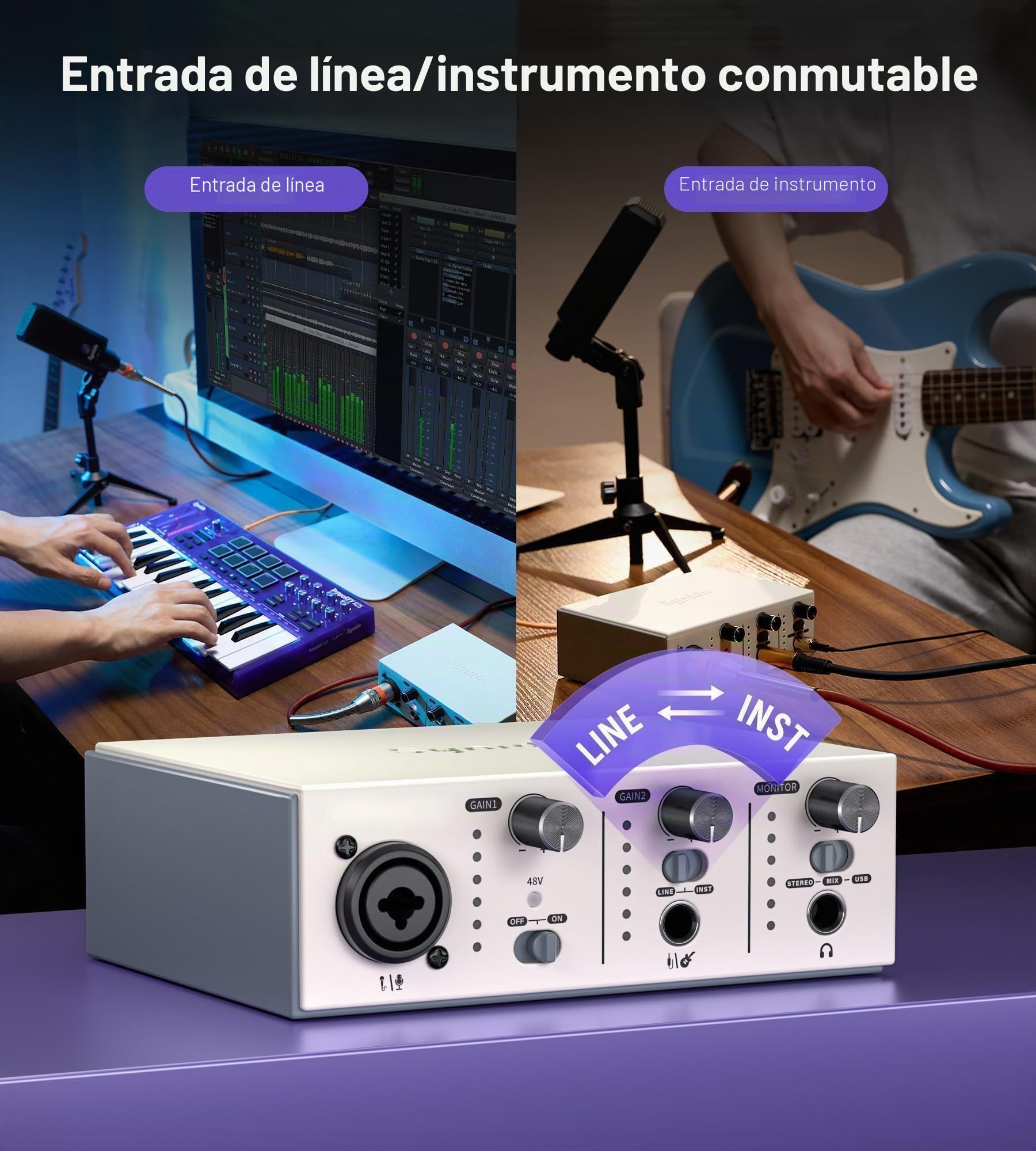 Synido Interfaz de audio USB C para grabación de música, streaming, podcasting con XLR, entrada de línea, 24 bits/48 kHz, alimentación fantasma de 48 V, 2 canales, color plateado
