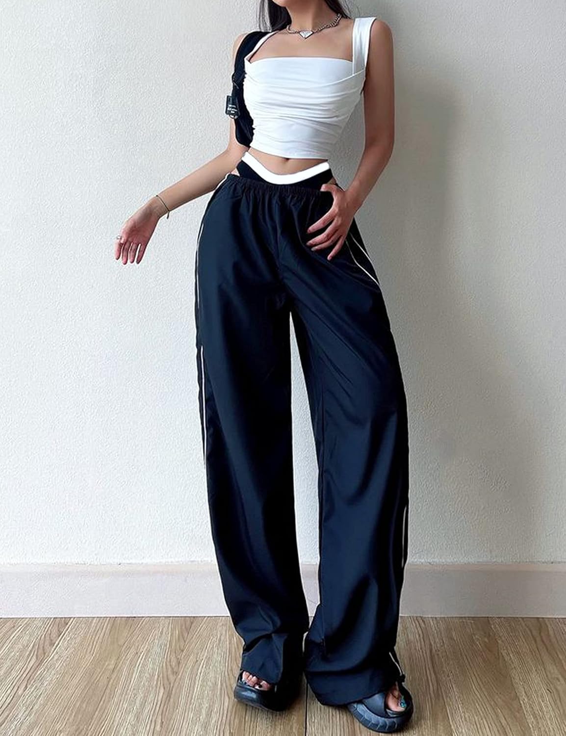 Women's Parachute Pants Baggy Track Y2K Black Elastic Waist Wide Leg Trousers - Image 4