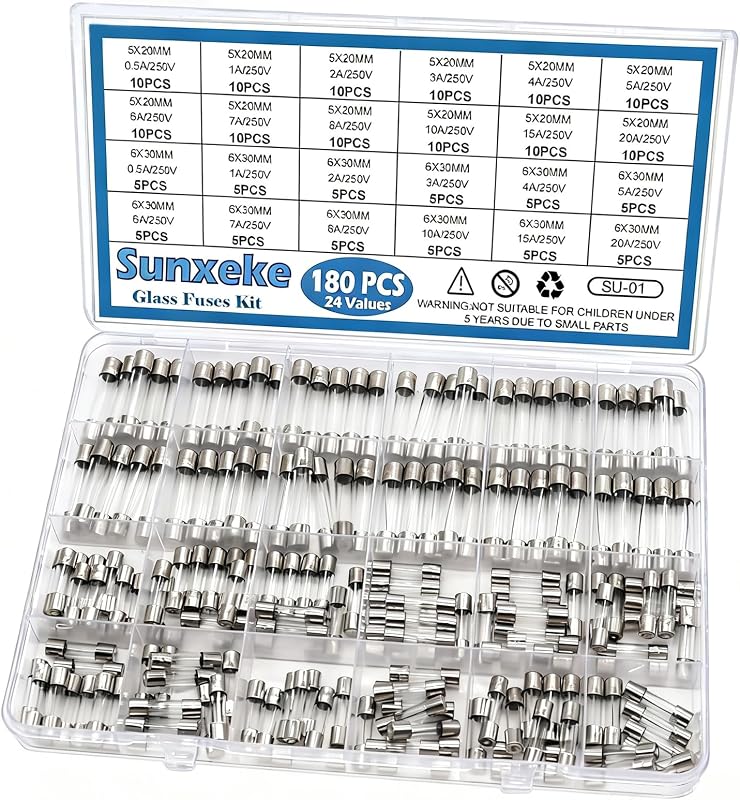 24 Values 180pcs Fast Blow Glass Fuses Assortment Kit 250V 0.5A 1A 2A 3A 4A 5A 6A 7A 8A 10A 15A 20A 5X20MM 0.5A 1A 2A 3A 4A 5A 6A 7A 8A 10A 15A 20A 6X30MM 250V Fast-Blow Glass Fuses Set
