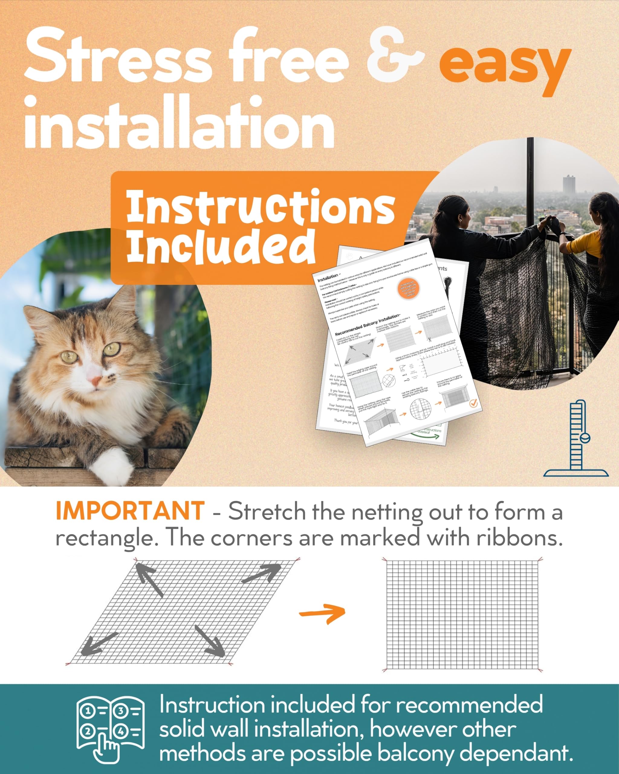 Stahlverstärktes Katzennetz für Balkon – 3 m x 6,1 m – Katzennetz für Catio – Sicherheitsnetz für Haustiere – Tiersicherer Bildschirm – starkes Haustiernetz – Kätzchen Balkon Schutz – Barriere für
