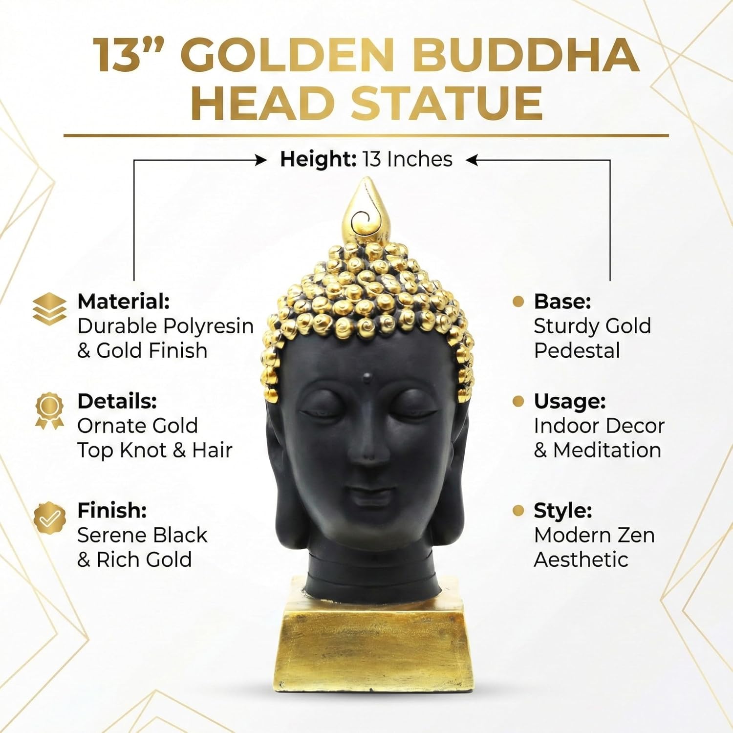 Seraphic Buddha Head Statue for Home Decor or Outdoor, Gold, 13" Tall