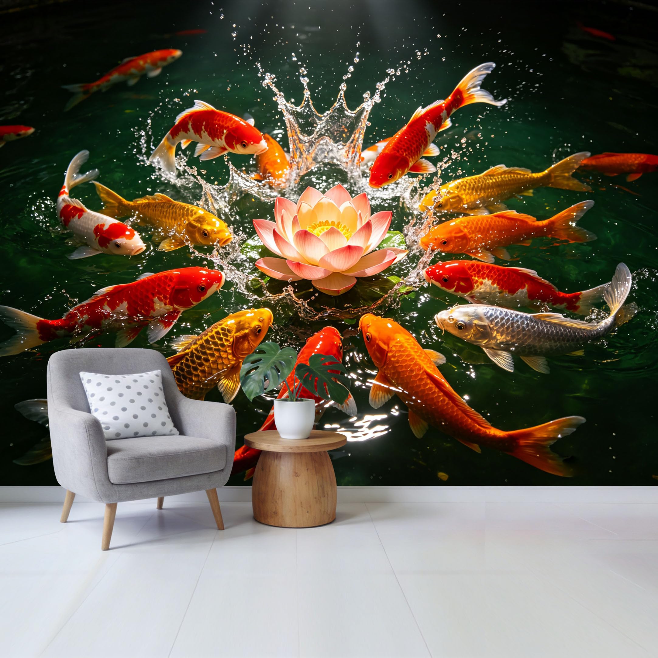 Qzlithotic Yq2605250437 Custom Size Wall Mural Koi Fish Swimming Around Pink Lotus Flower Water Splash 3D Trompe L'oeil Selfadhesive Wall Fabric Removable Wallpaper For Home Office Decor
