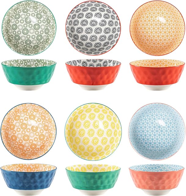 Henten Home Dessert Bowls Set of 6, Colourful Soup Bowls Cereal Bowls for Salad / Fruit / Snack, Dinnerware Set Japanese Style for 6 - 380ml, Dishwasher and Microwave Safe