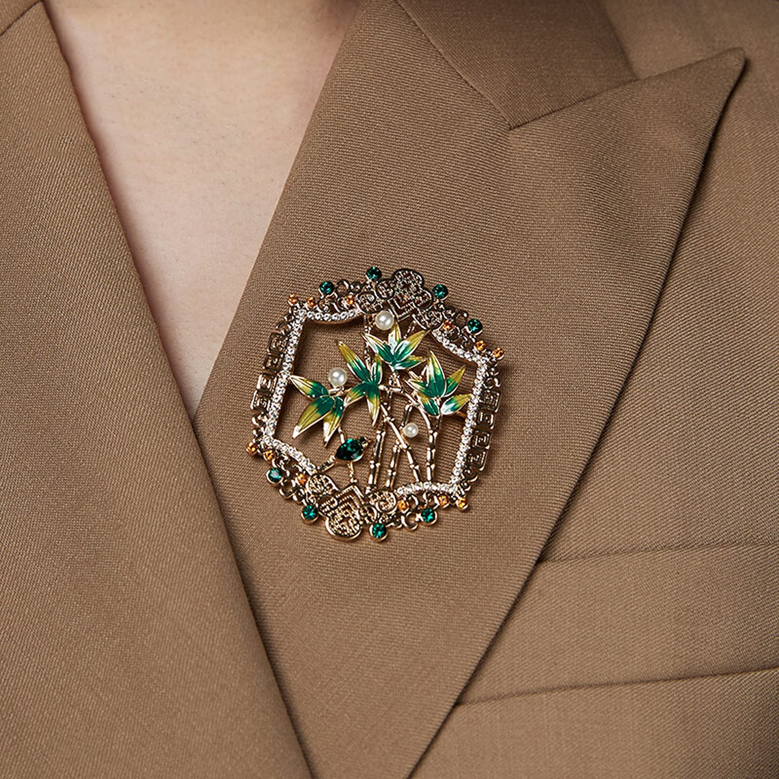 RWRAPS Mujeres Broche Pin Elegante Único Verde Bambú Broche Solapa Bufanda Ropa Ramillete Damas Cumpleaños Boda Accesorio de Baile Joyería Broches Decorativos exquisitos